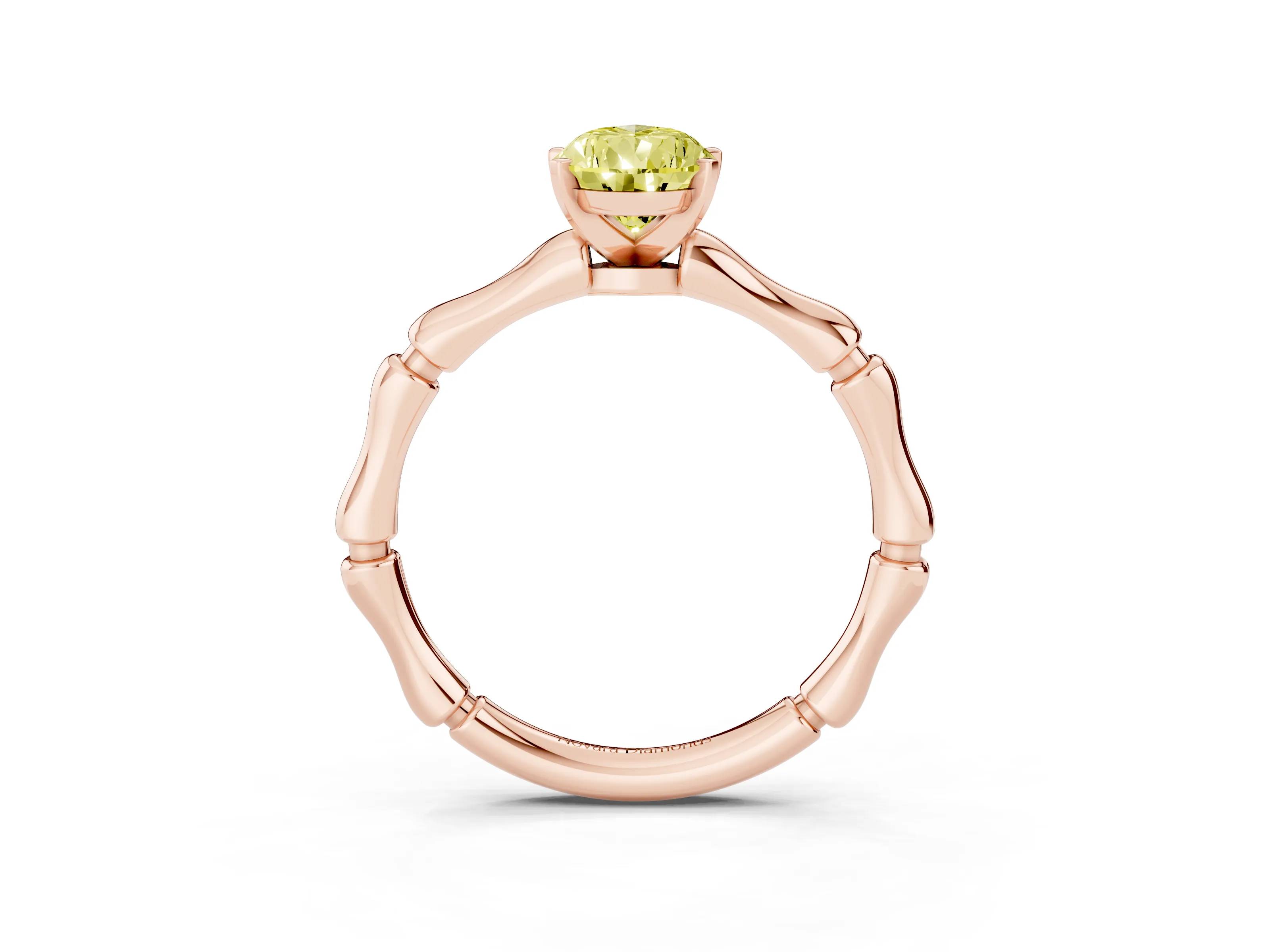 Fancy Yellow Pear Cut Diamond Solitaire Ring Set in Rose gold with Bamboo Band and Prong Setting