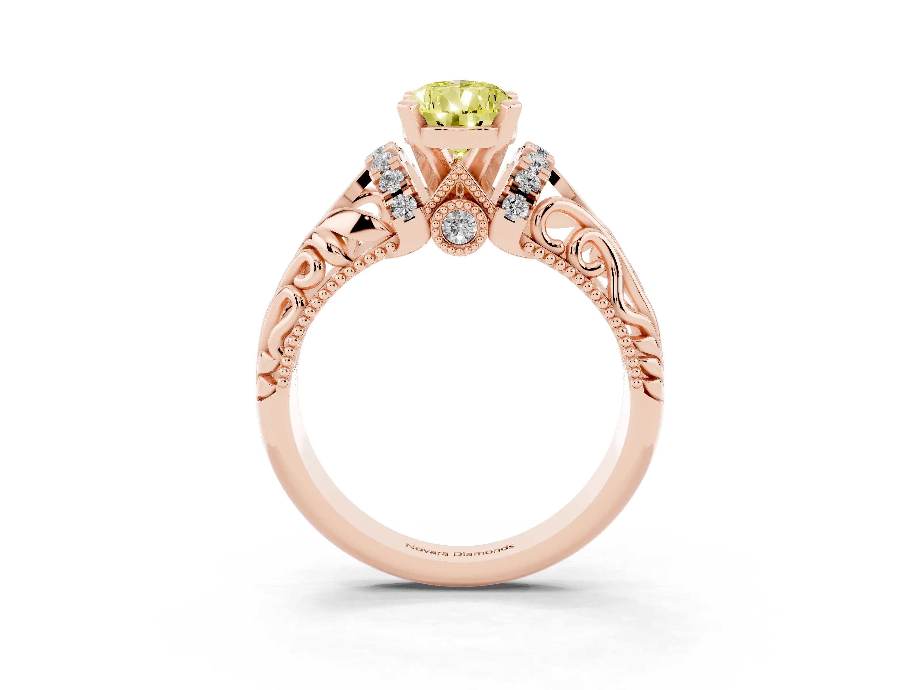 Fancy Yellow Pear Cut Diamond Filigree Halo Engagement Ring Set in Rose gold with Prong Setting