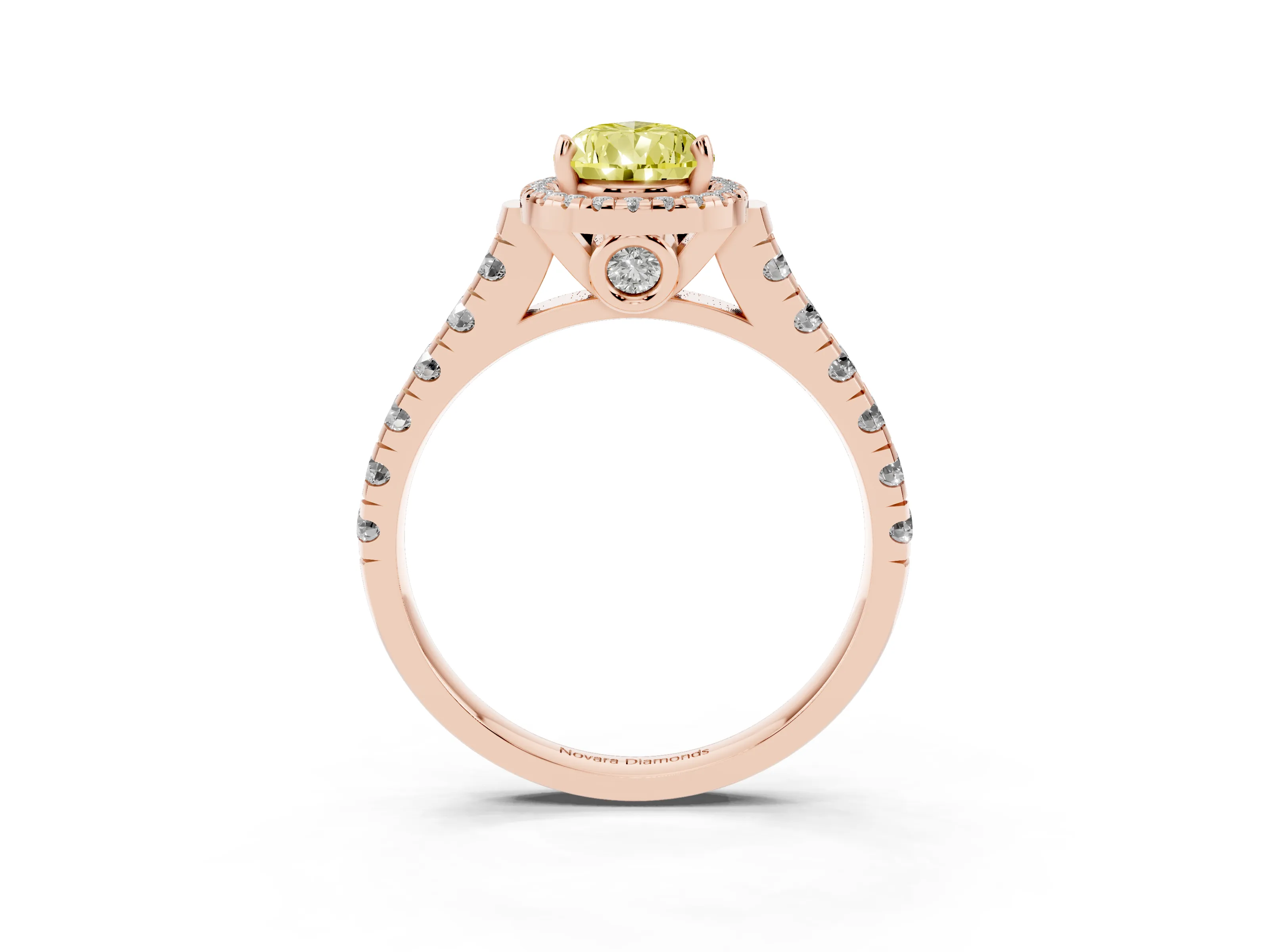 Fancy Yellow Pear Cut Diamond Halo Engagement Ring Set in Rose gold with Pavé Band and Prong-Set Center