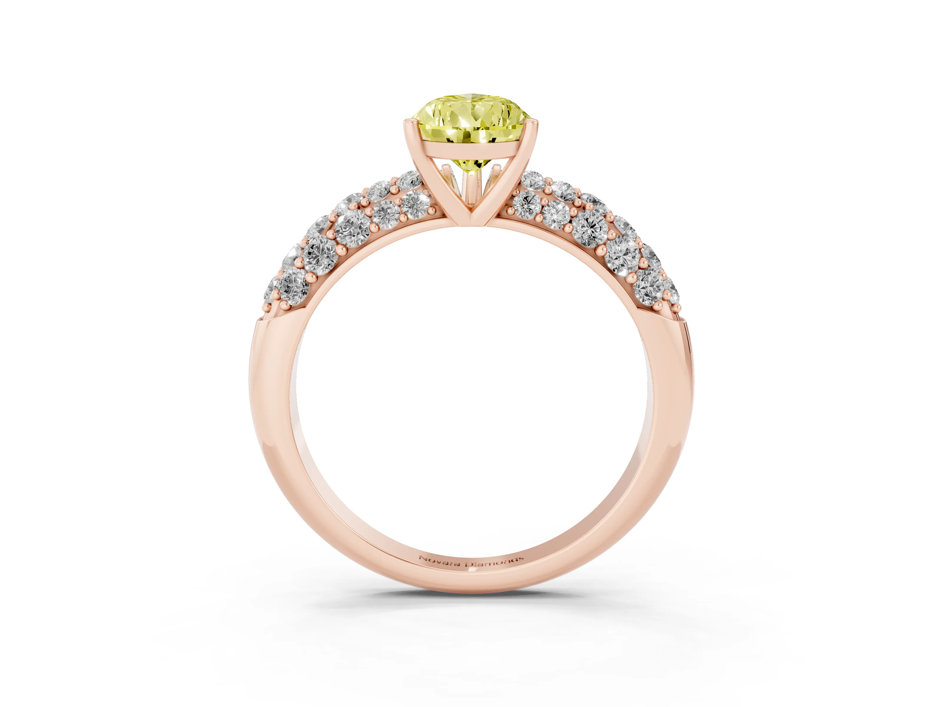 Fancy Yellow Pear Cut Diamond Pavé Band Solitaire Ring Set in Rose gold with Close-Set Accent Stones and Prong Setting