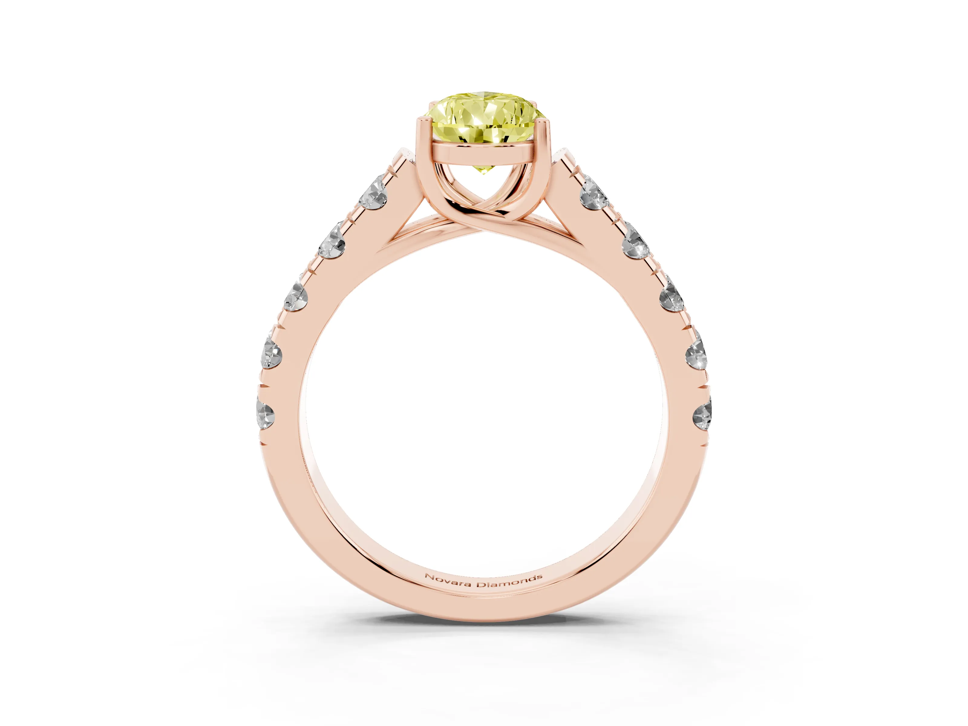 Fancy Yellow Pear Cut Diamond Solitaire Ring Set in Rose gold with Cut-Down Micro Pavé Band and Prong Setting