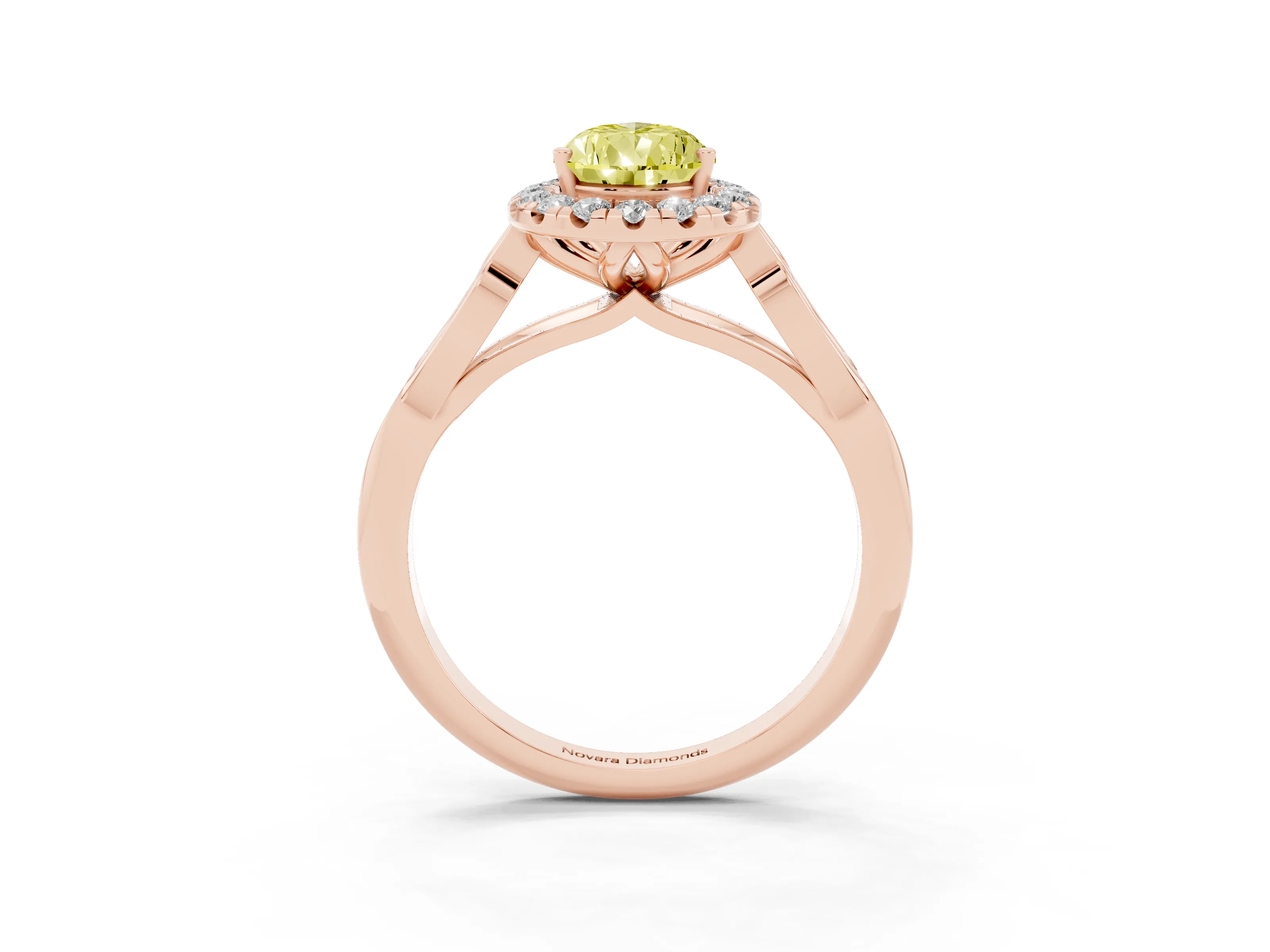 Fancy Yellow Pear Cut Diamond Halo Engagement Ring Set in Rose gold with Filigree Band and Prong-Set Center