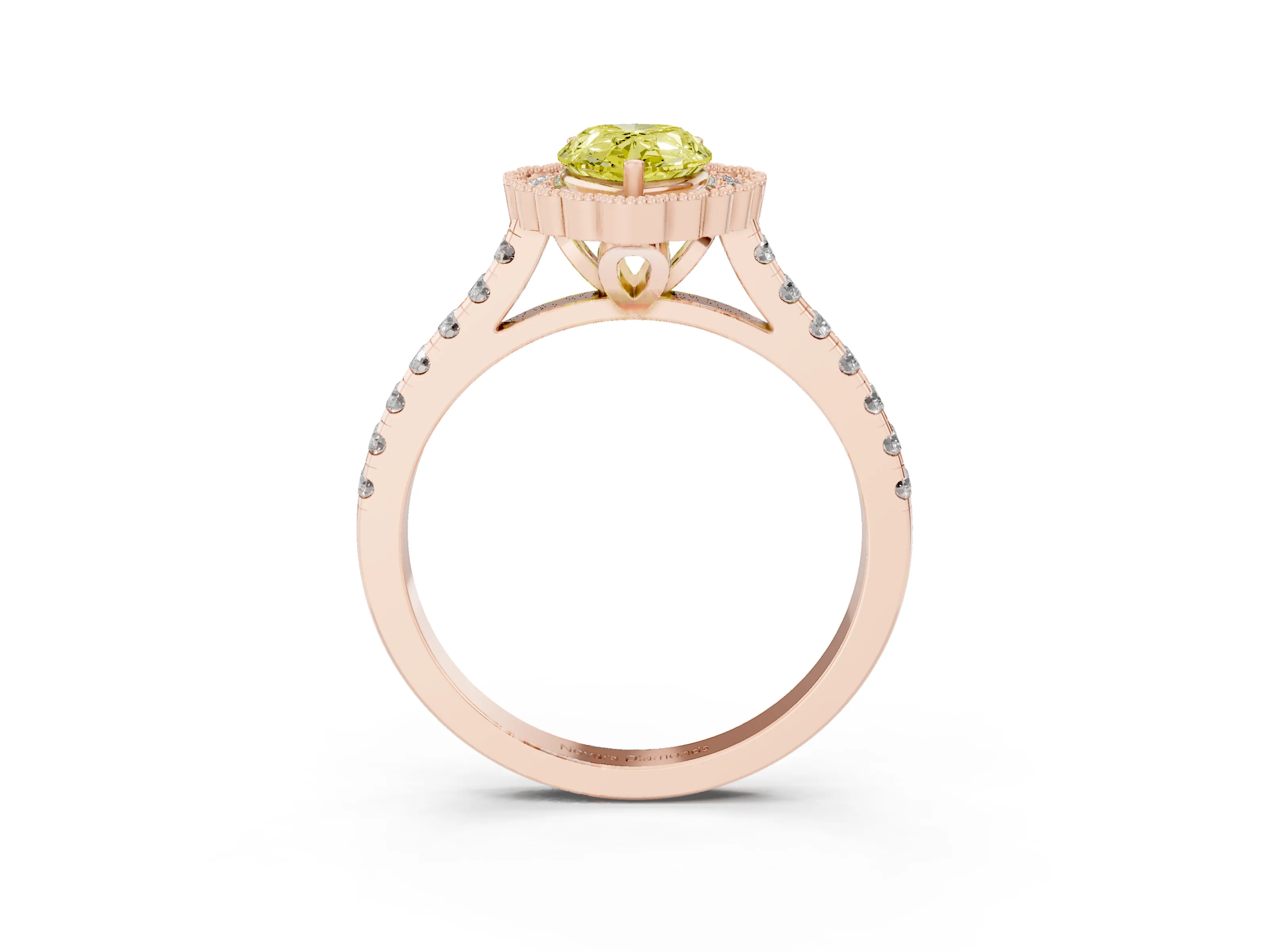 Fancy Yellow Pear Cut Diamond Milgrain Floral Halo Engagement Ring Set in Rose gold with Pavé Band
