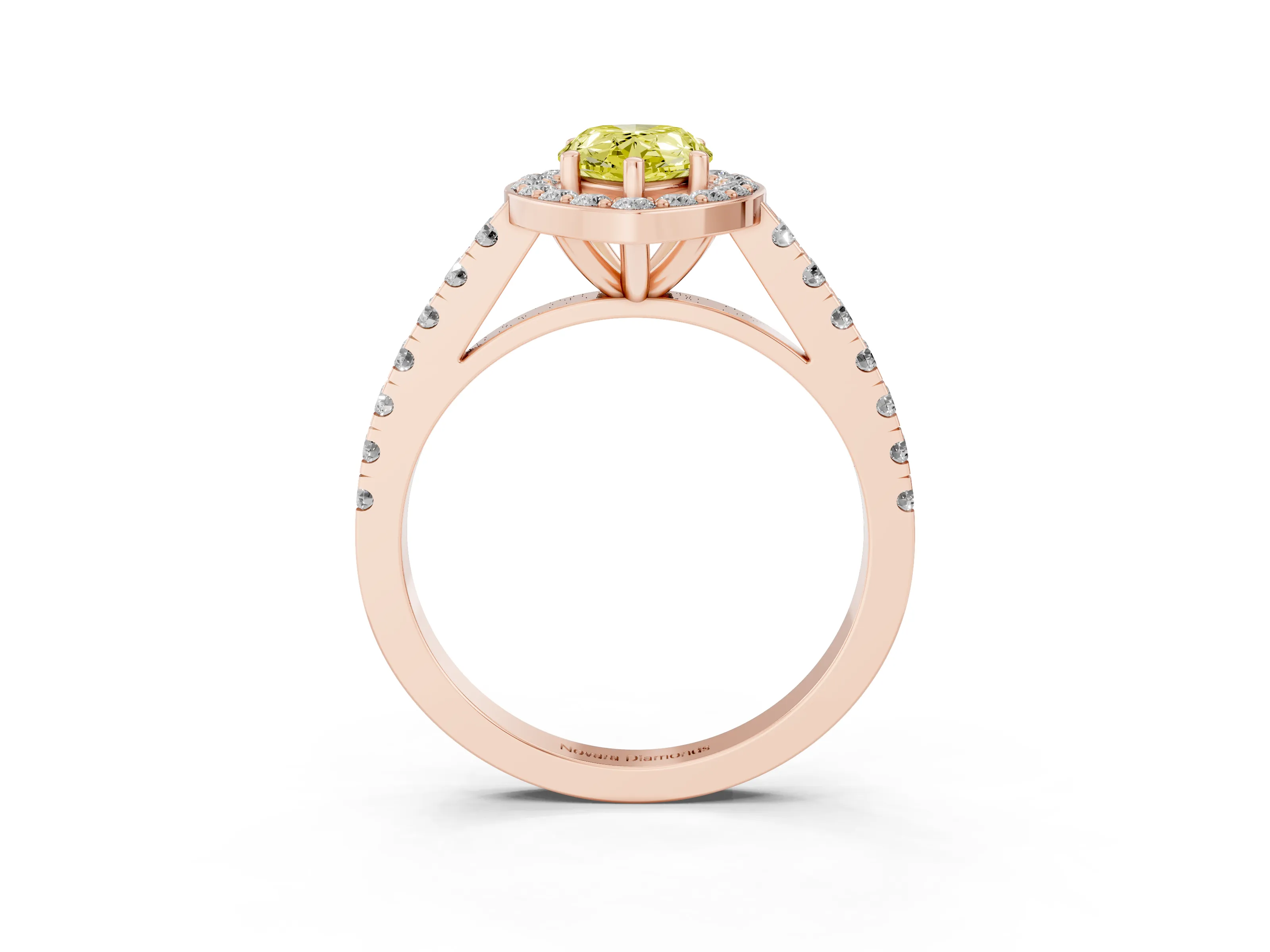 Fancy Yellow Pear Cut Diamond Halo Ring Set in Rose gold with Round Pavé Split Shank and Prong Setting