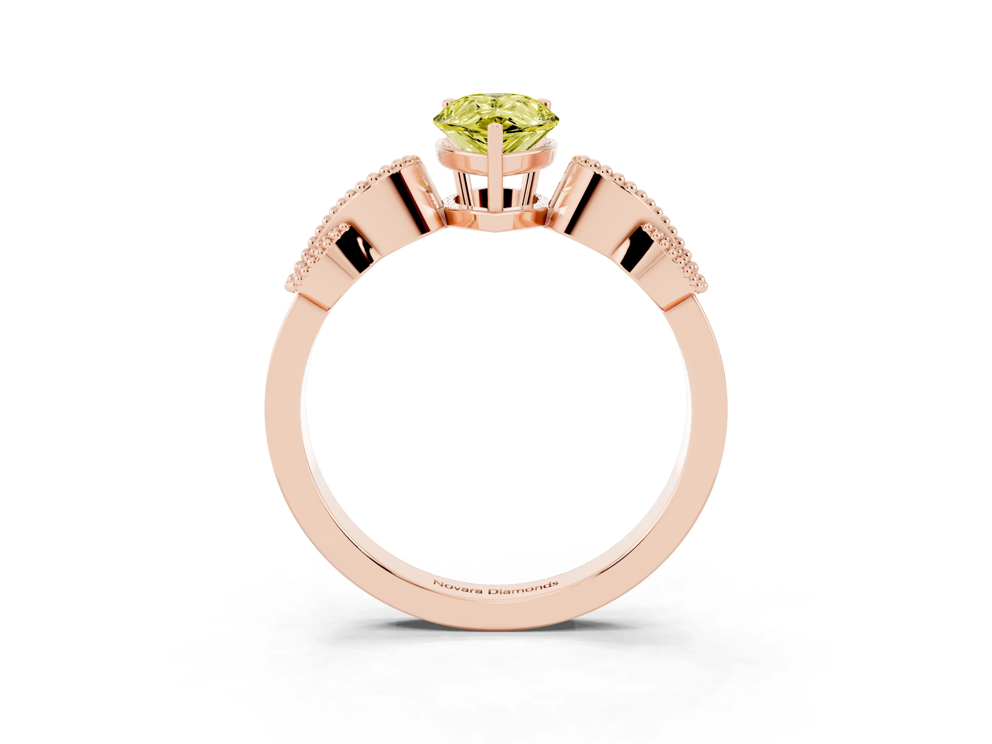 Fancy Yellow Pear Cut Diamond Milgrain Leaf Band Solitaire Ring Set in Rose gold with Accent Stones and Prong Setting