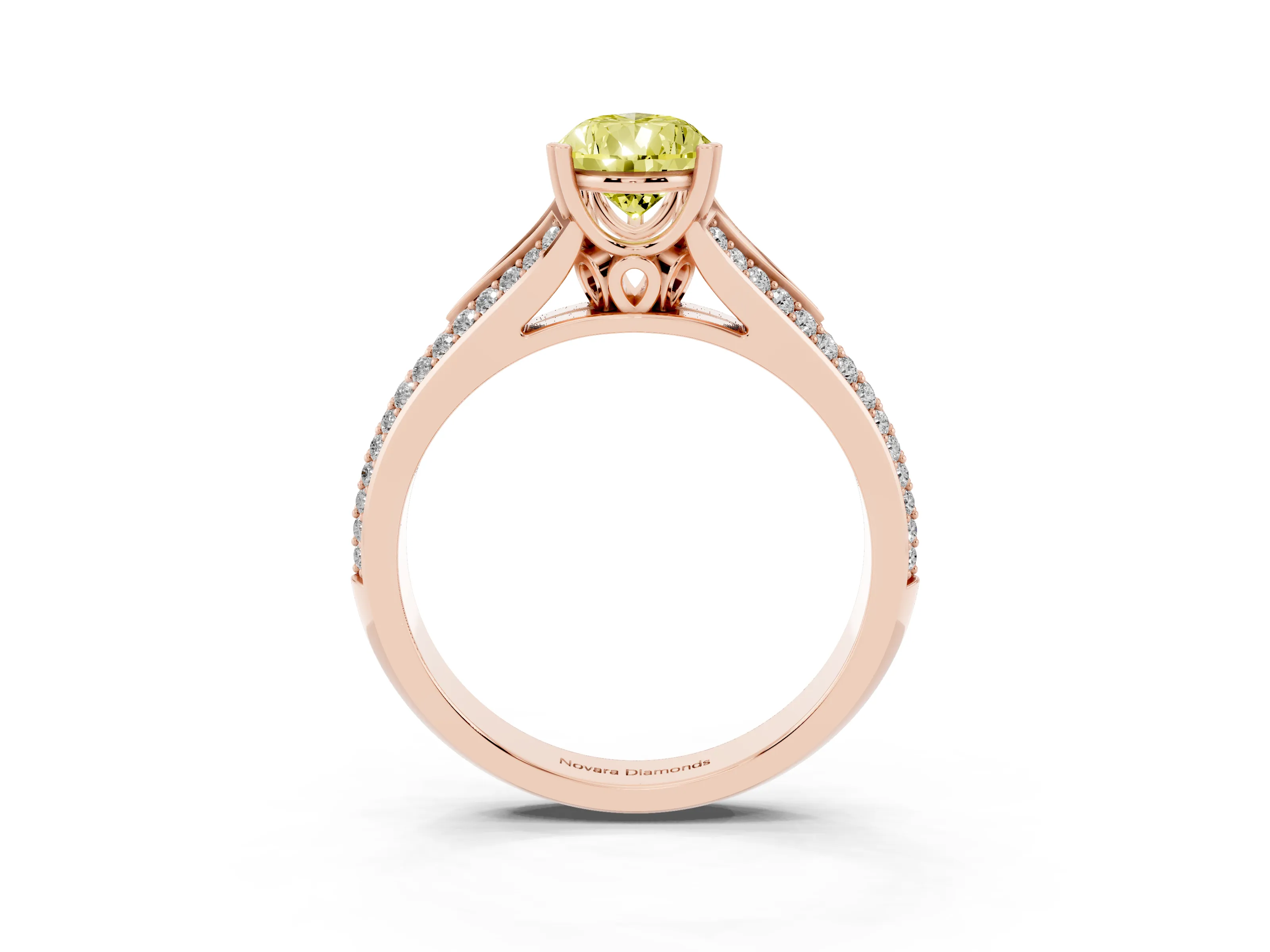 Fancy Yellow Pear Cut Diamond Split Shank Pavé Engagement Ring Set in Rose gold with Prong-Set Center Stone