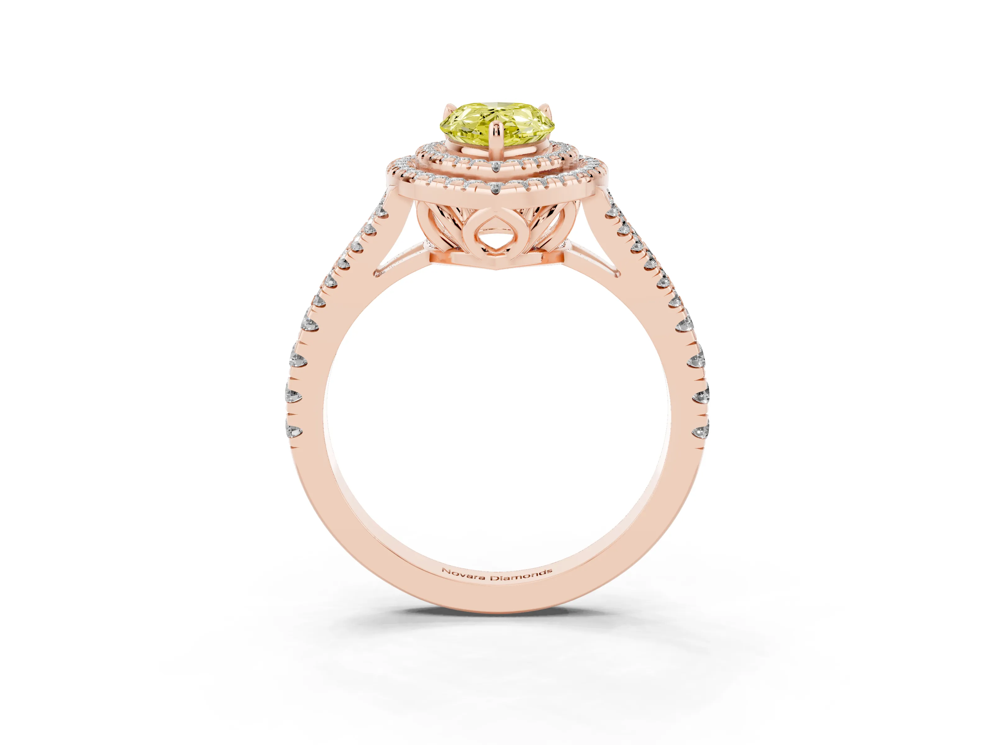 Fancy Yellow Pear Cut Diamond Double Halo Ring Set in Rose gold with Pavé Band