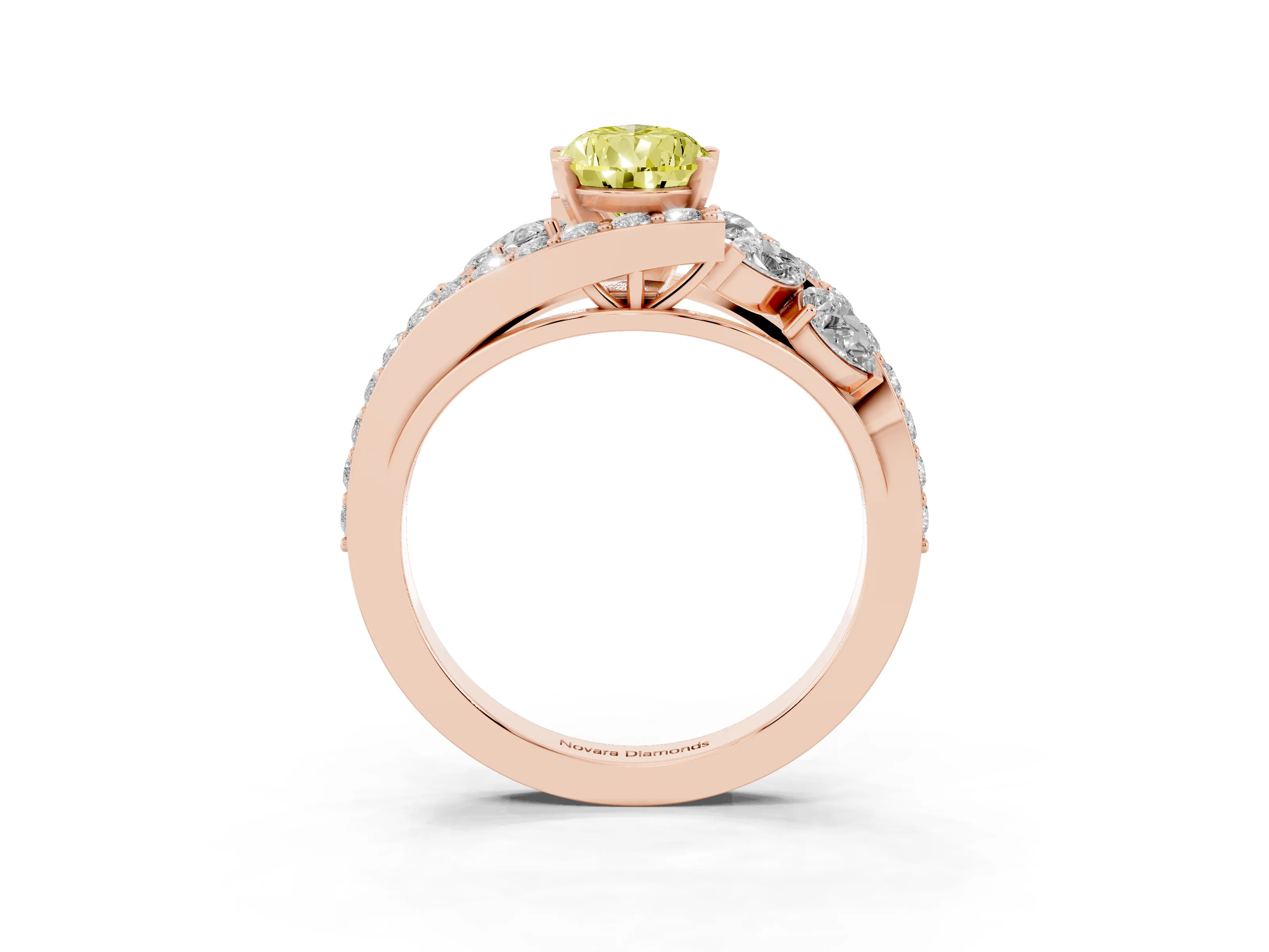 Fancy Yellow Pear Cut Diamond Halo Ring Set in Rose gold with Marquise and Pavé Band in Prong Setting