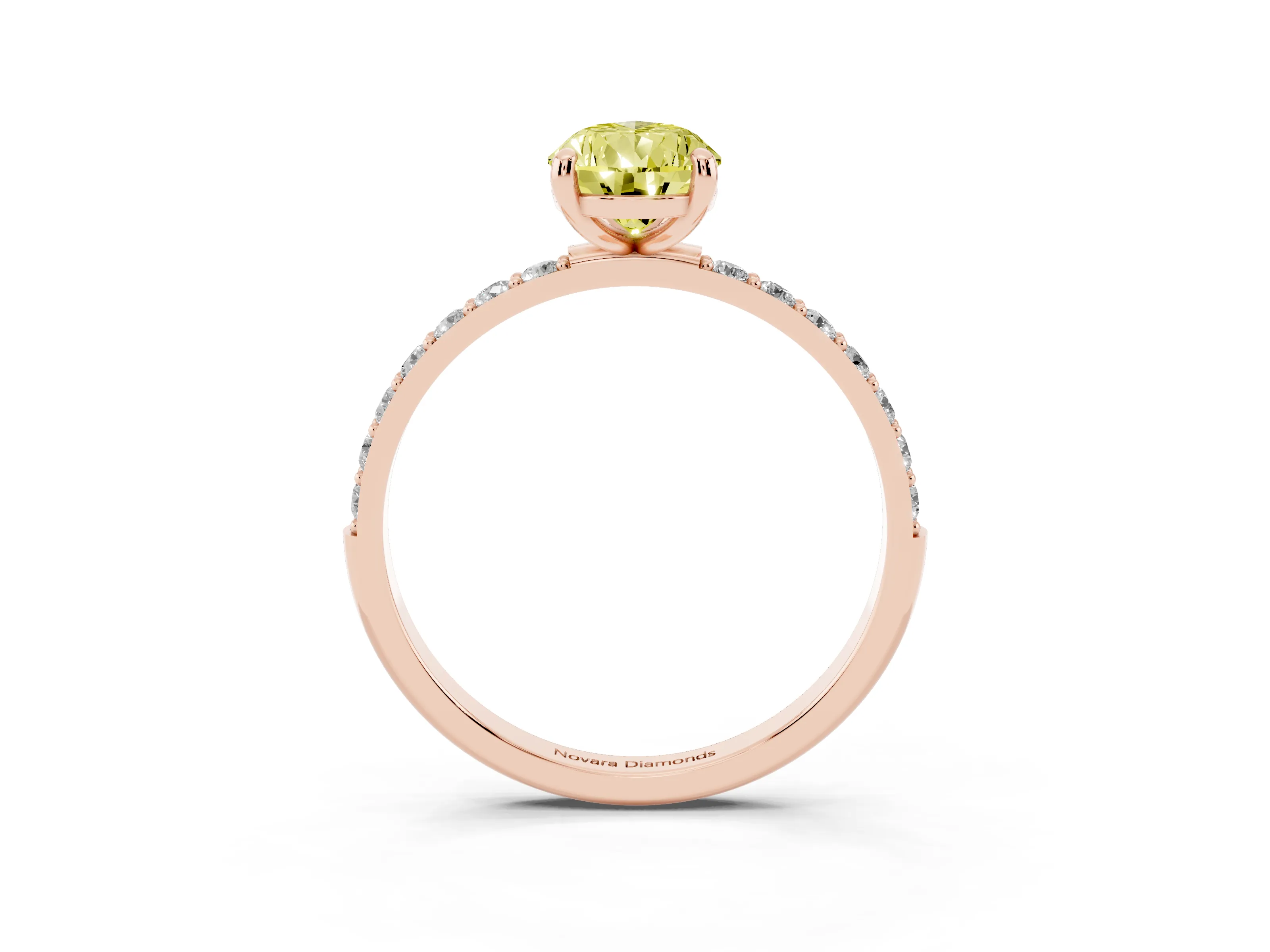 Fancy Yellow Pear Cut Diamond Solitaire Ring Set in Rose gold with Round Pavé Band and Prong Setting