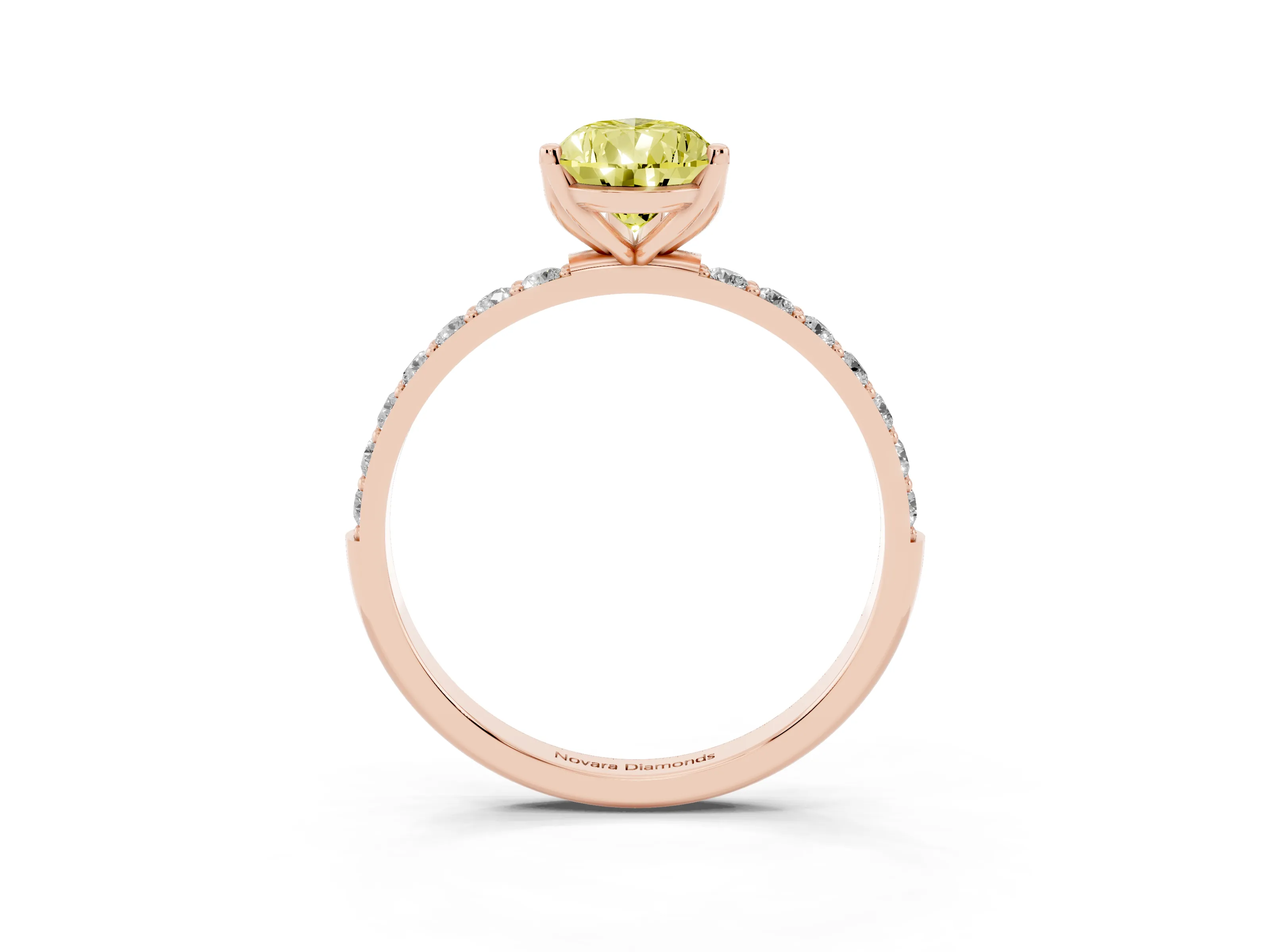 Fancy Yellow Pear Cut Diamond Solitaire Engagement Ring Set in Rose gold with Round Pavé Band and Prong Setting