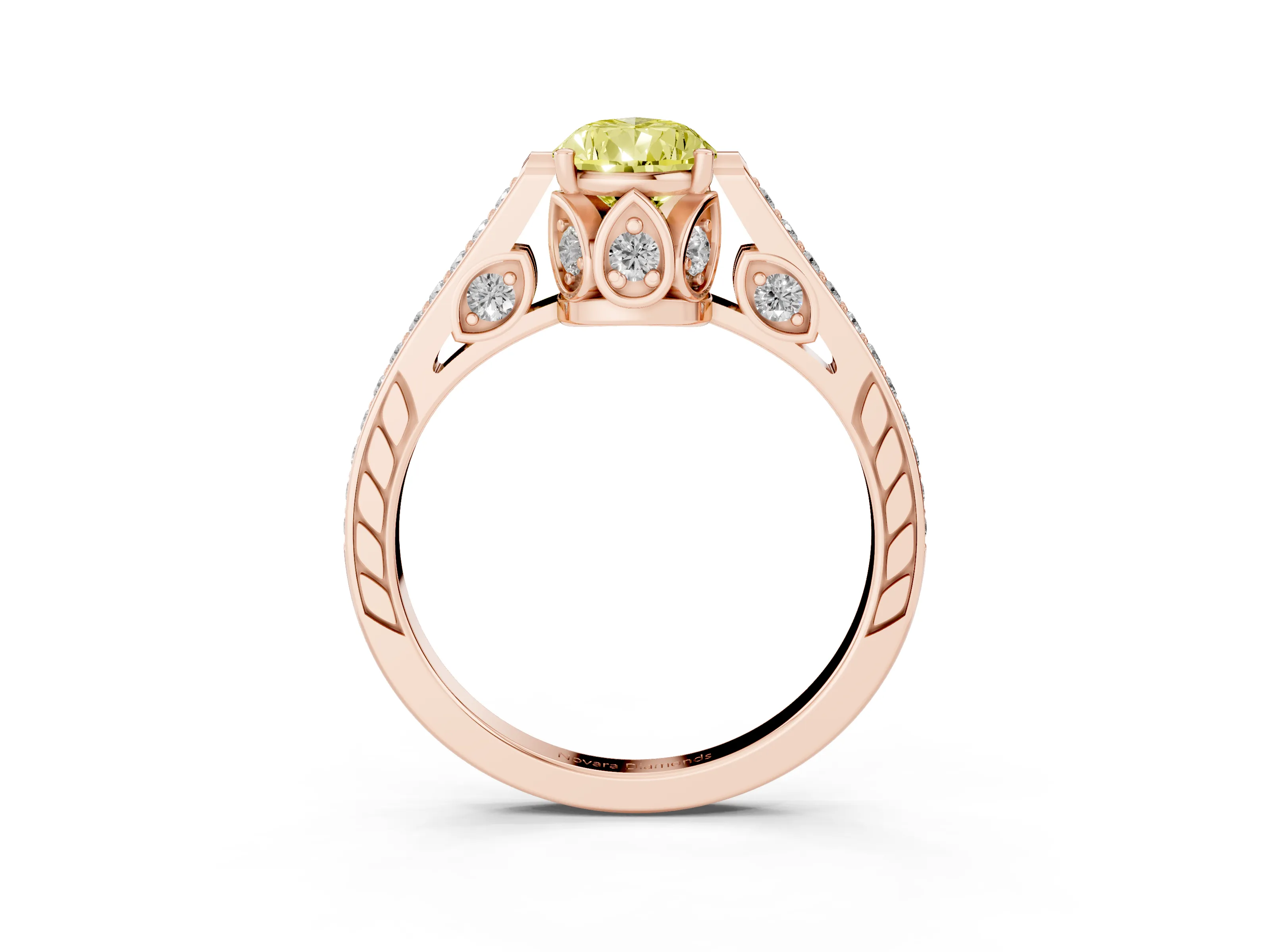 Fancy Yellow Pear Cut Diamond Cathedral Pavé Engagement Ring Set in Rose gold with Prong Setting