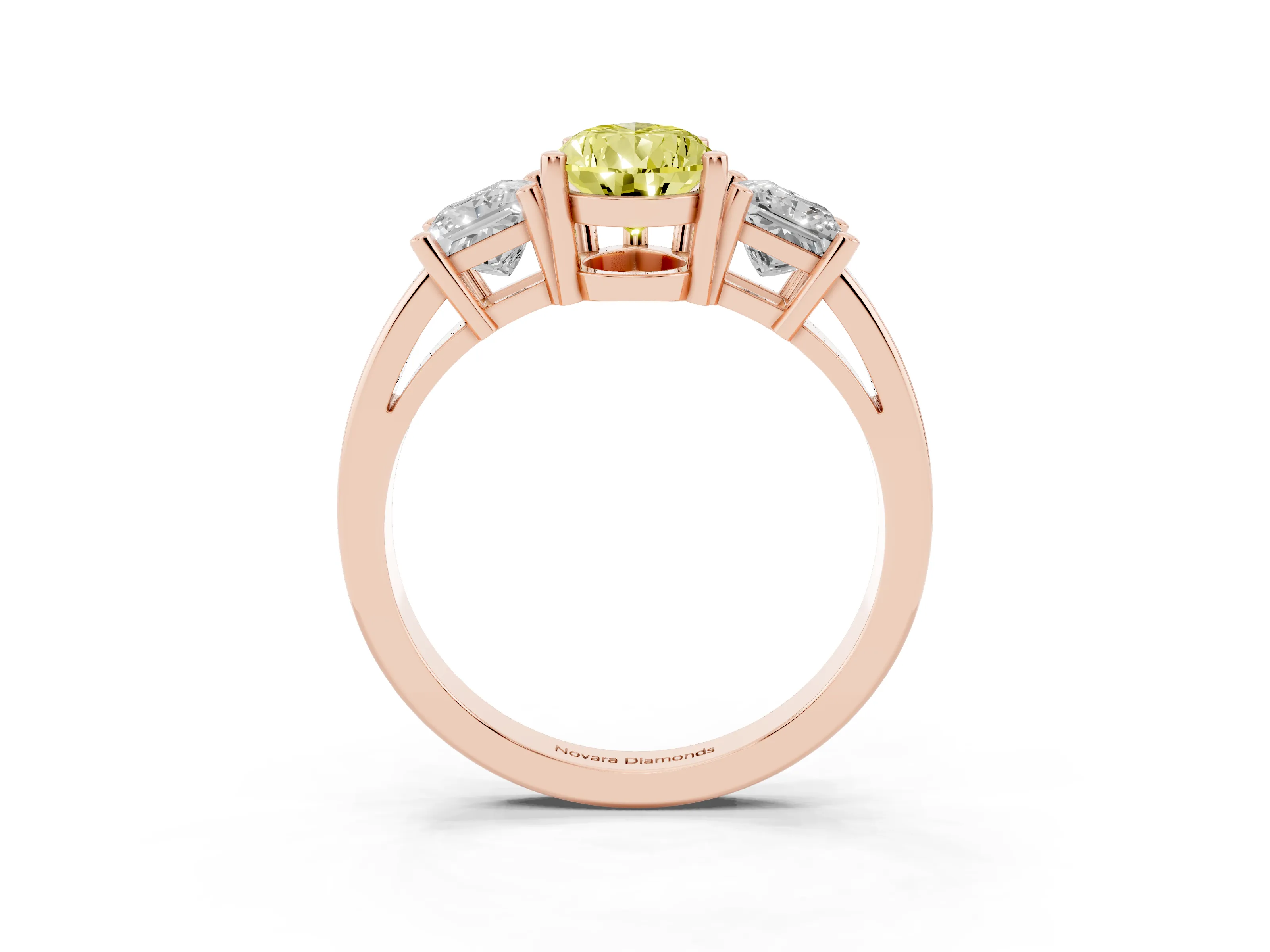 Fancy Yellow Three-Stone Pear Cut Diamond Solitaire Ring Set in Rose gold with Prong Setting