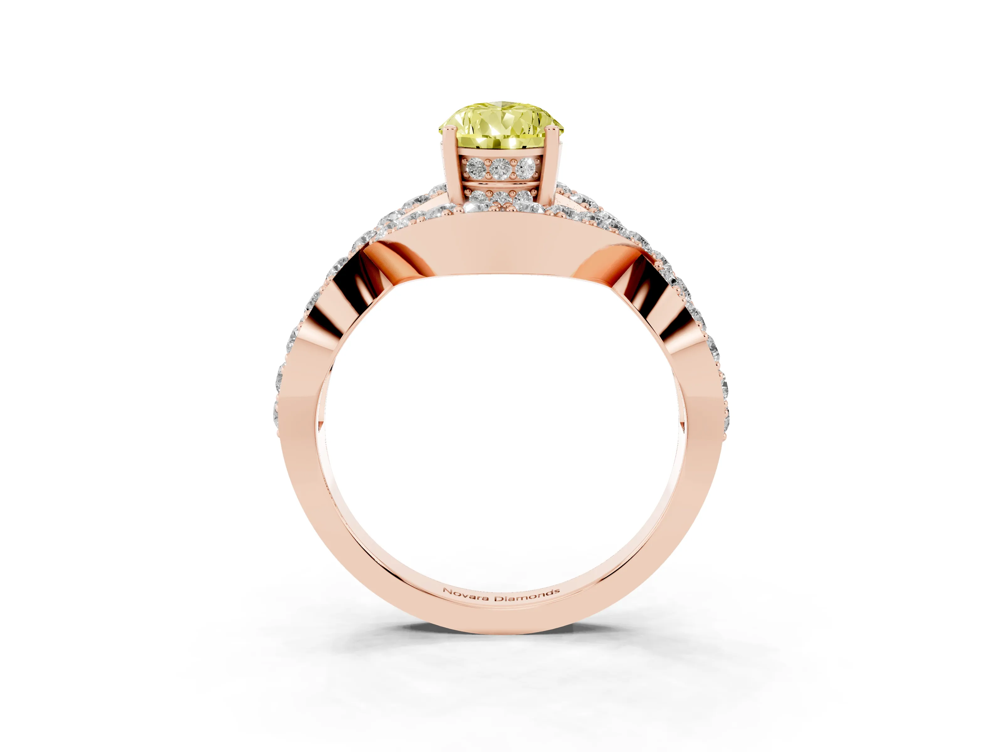 Fancy Yellow Pear Cut Diamond Solitaire Twist Band Pavé Engagement Ring Set in Rose gold