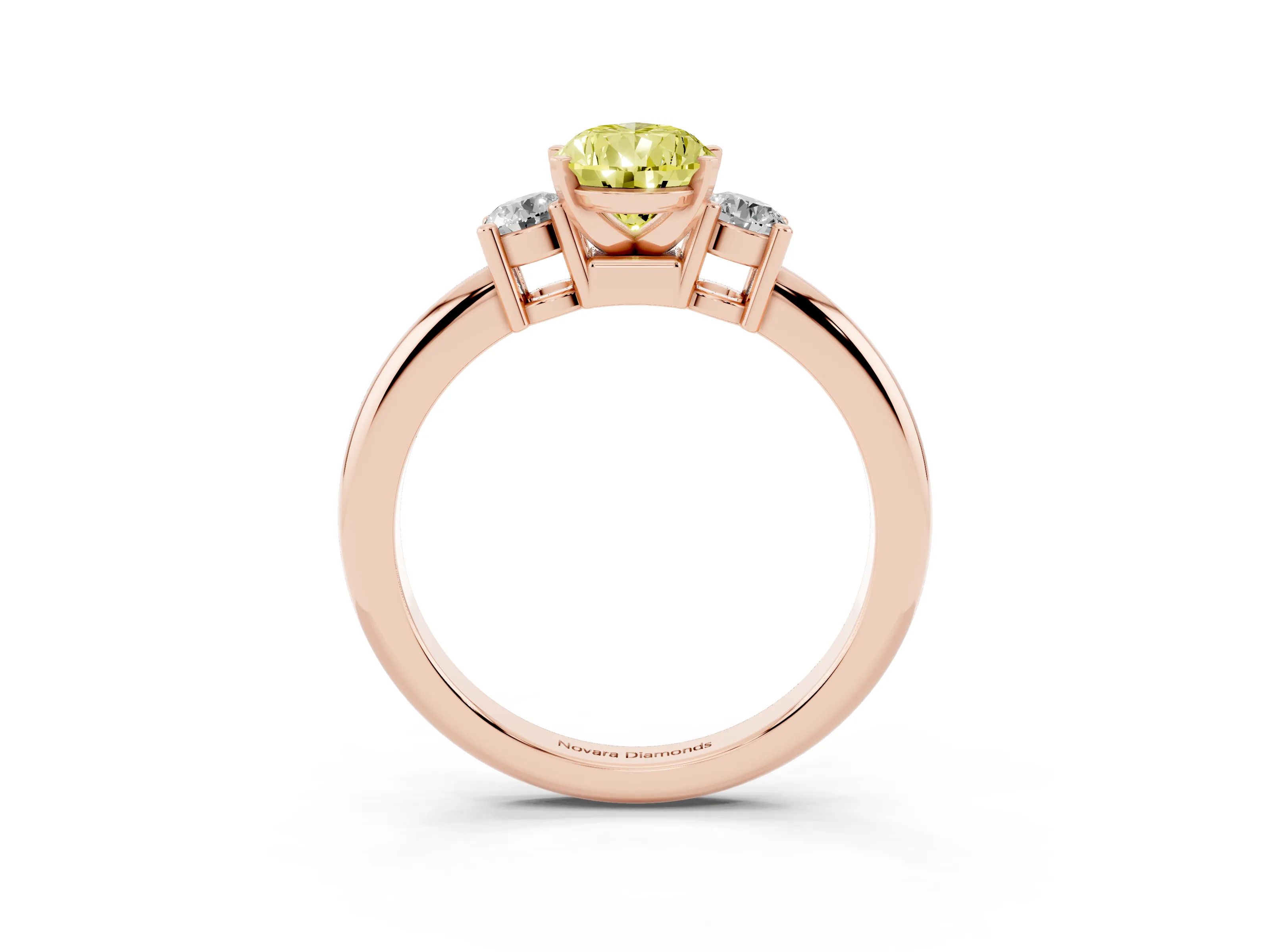 Fancy Yellow Three-Stone Pear Cut Diamond Ring Set in Rose gold with Prong Setting and Plain Band