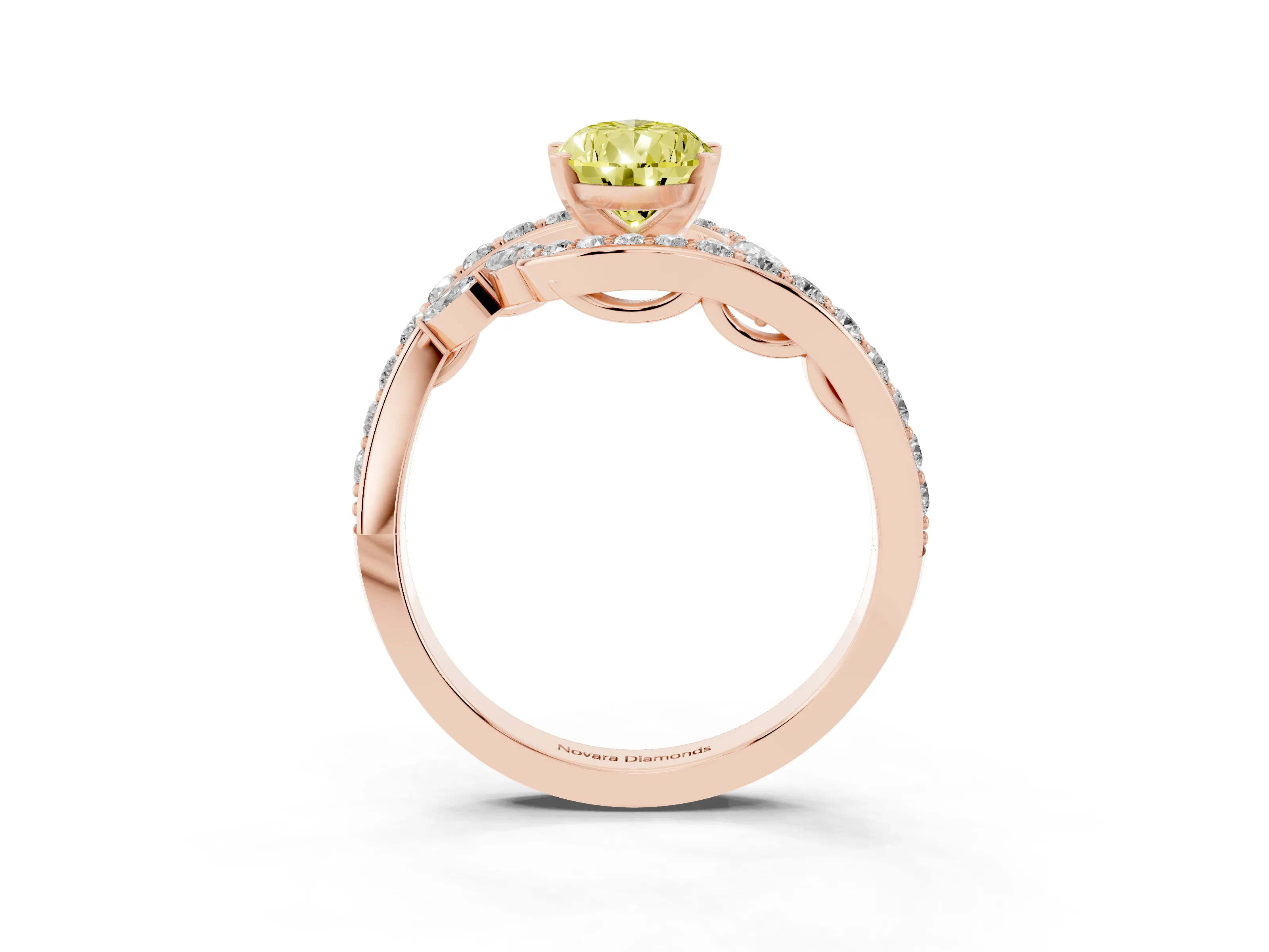 Fancy Yellow Pear Cut Diamond Solitaire Ring Set in Rose gold with Pavé Twist Band and Secure Prong Setting