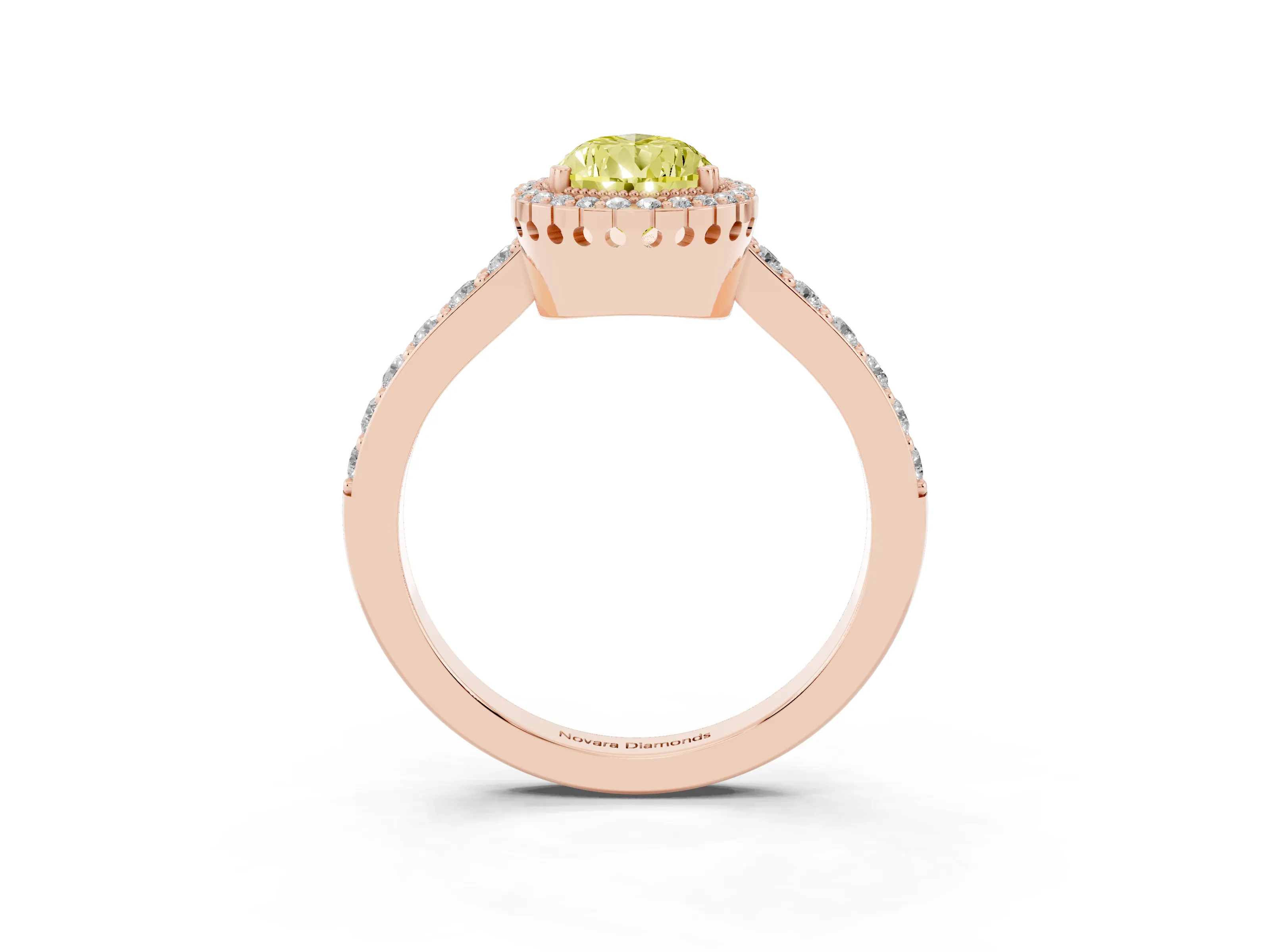 Fancy Yellow Pear Cut Diamond Halo Engagement Ring Set in Rose gold with Milgrain Detail and Pavé Band