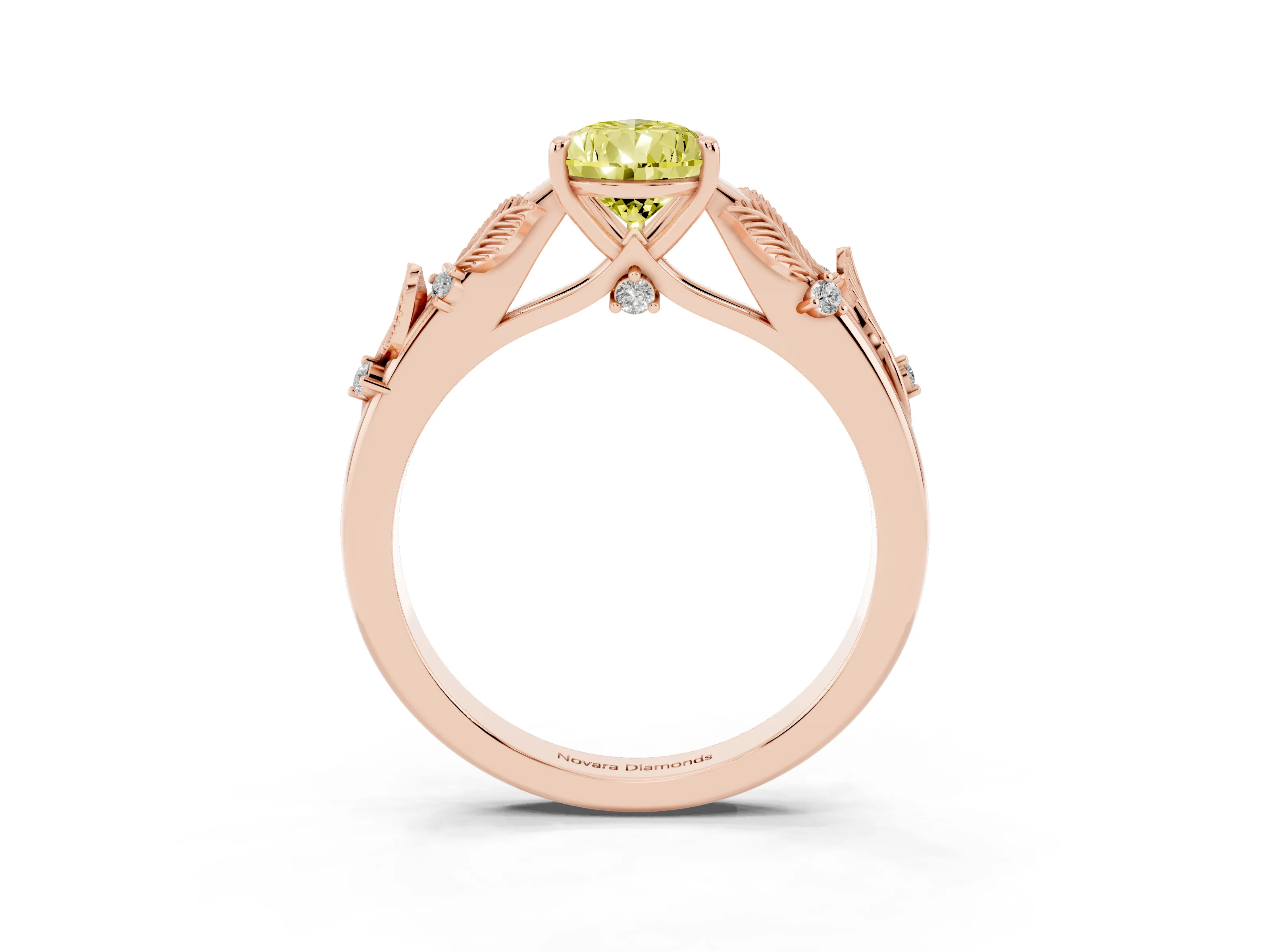 Fancy Yellow Pear Cut Diamond Solitaire Ring Set in Rose gold with Leaf Motif Band