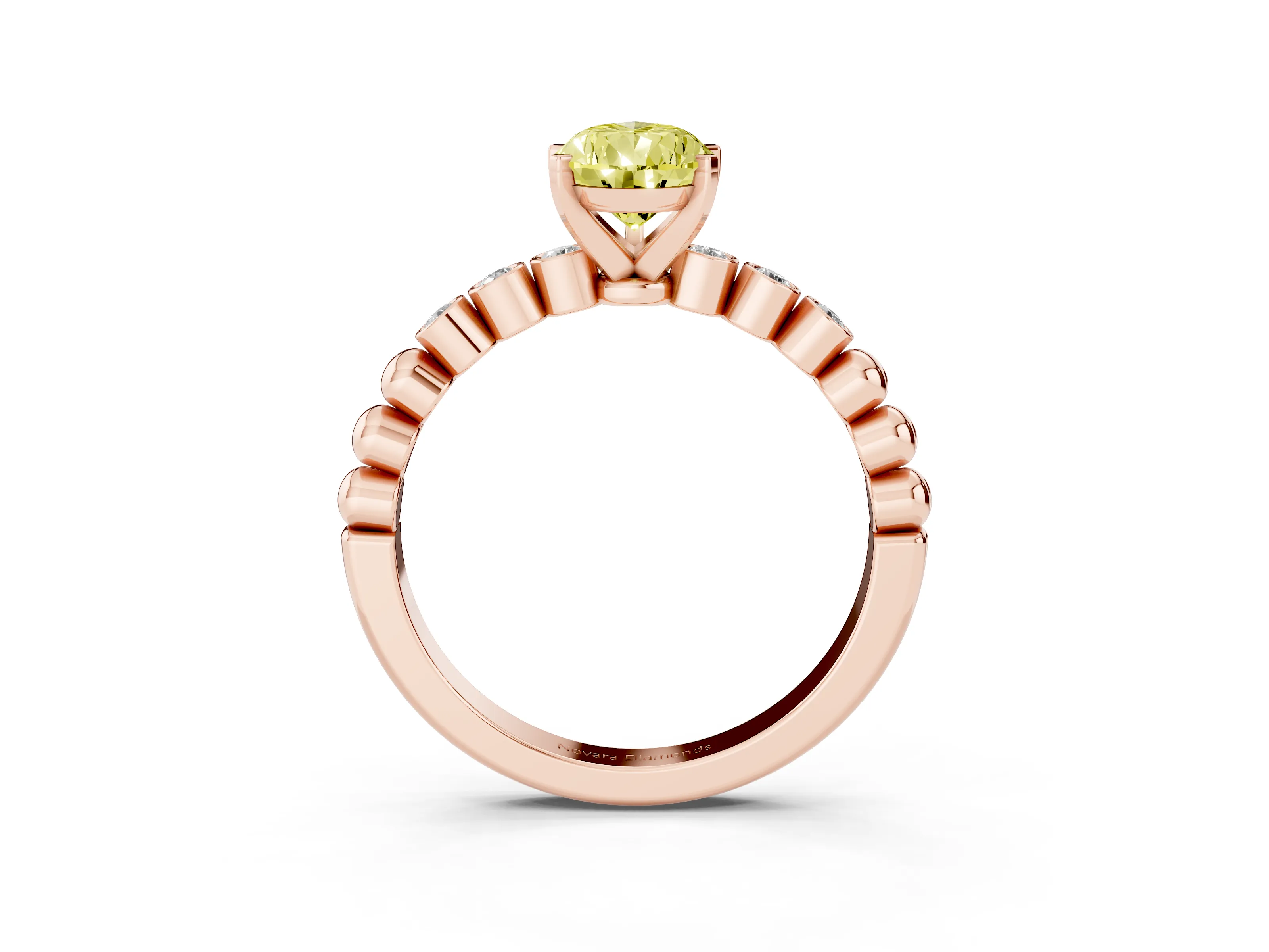 Fancy Yellow Pear Cut Diamond Solitaire Engagement Ring Set in Rose gold with Bezel Accents on Beaded Band