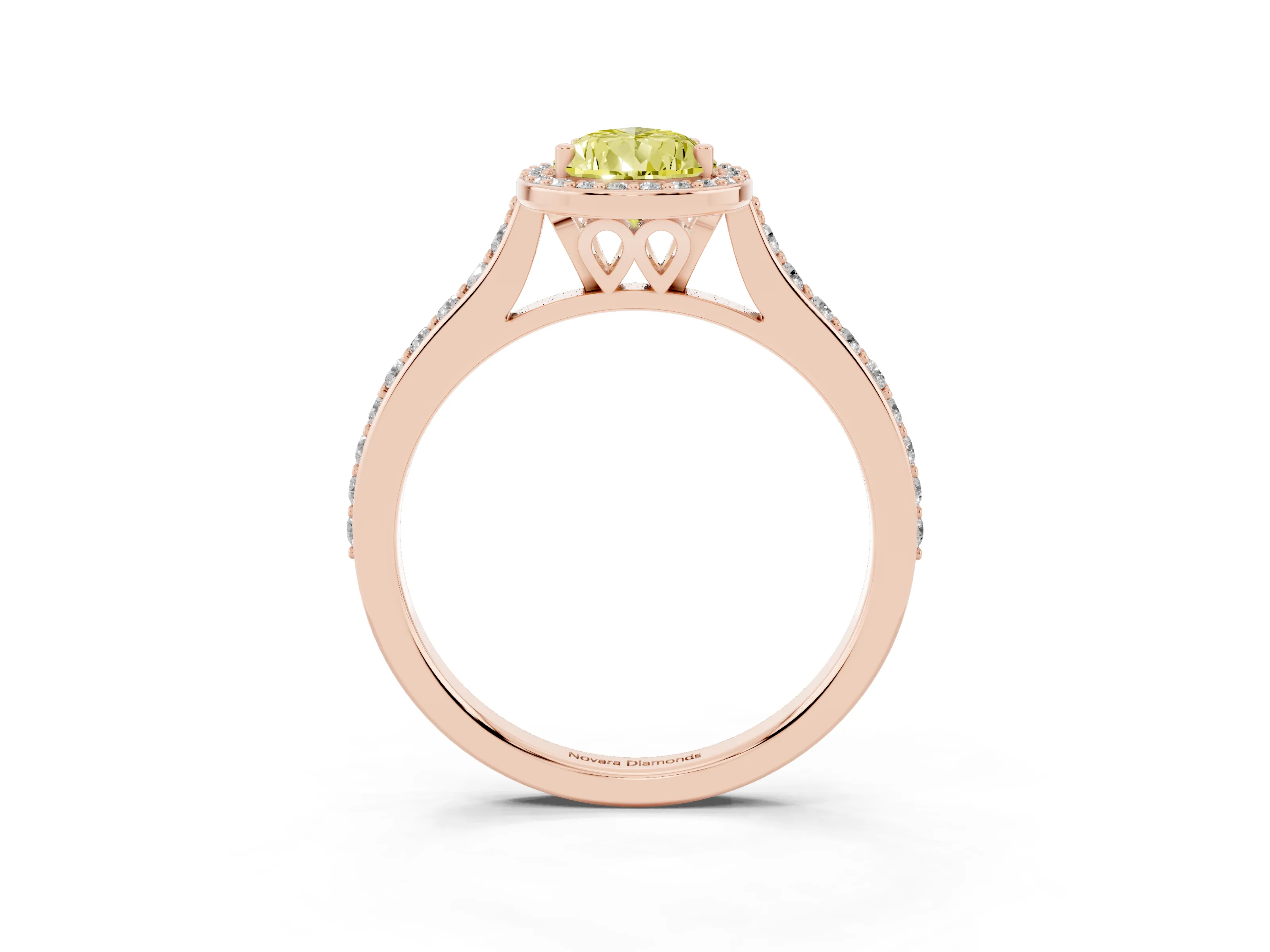Fancy Yellow Pear Cut Diamond Halo Engagement Ring Set in Rose gold with Round Pavé Shoulders and Heart Gallery