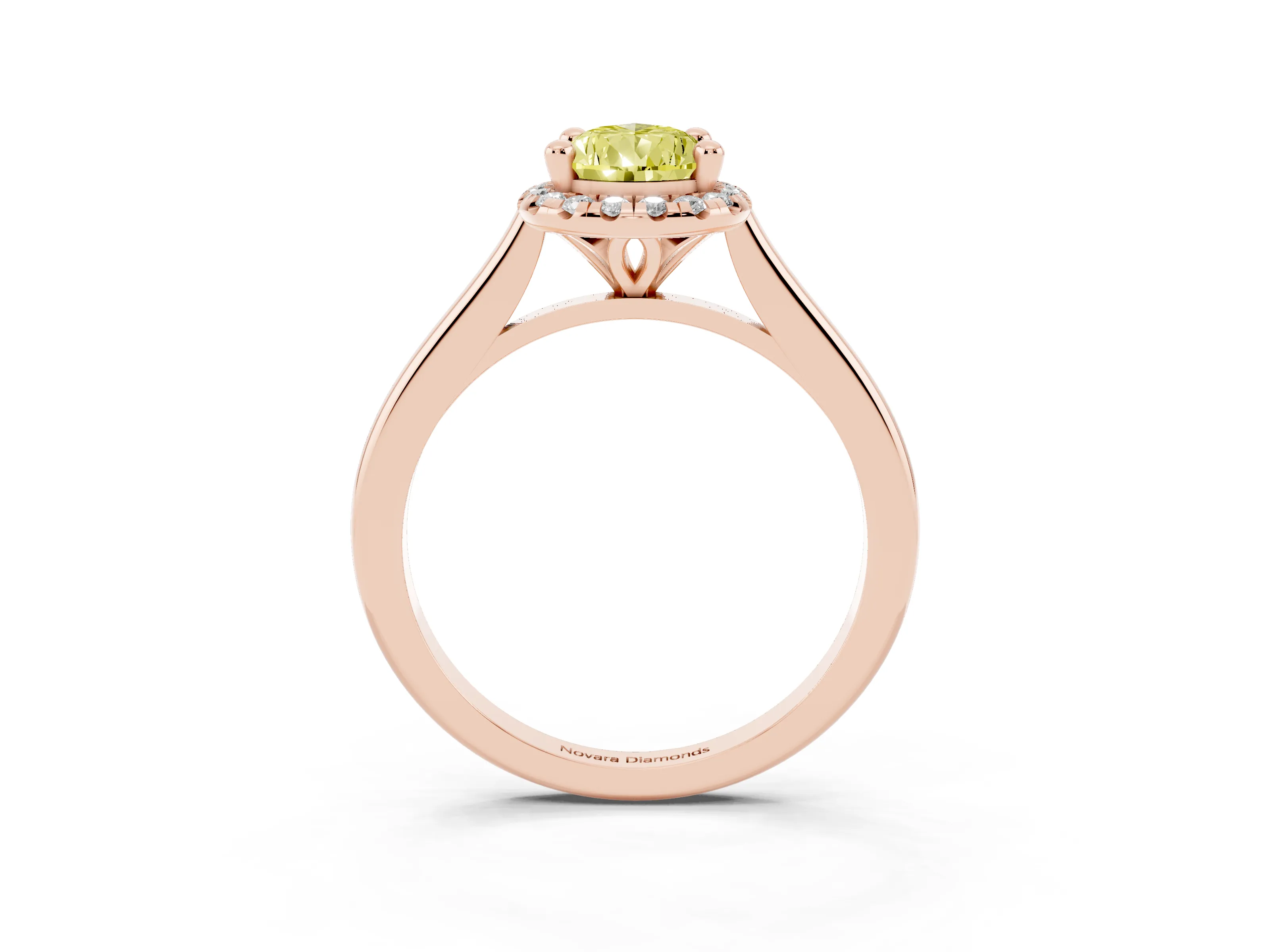 Fancy Yellow Pear Cut Diamond Halo Engagement Ring Set in Rose gold with Pavé Band and Rising Shoulders