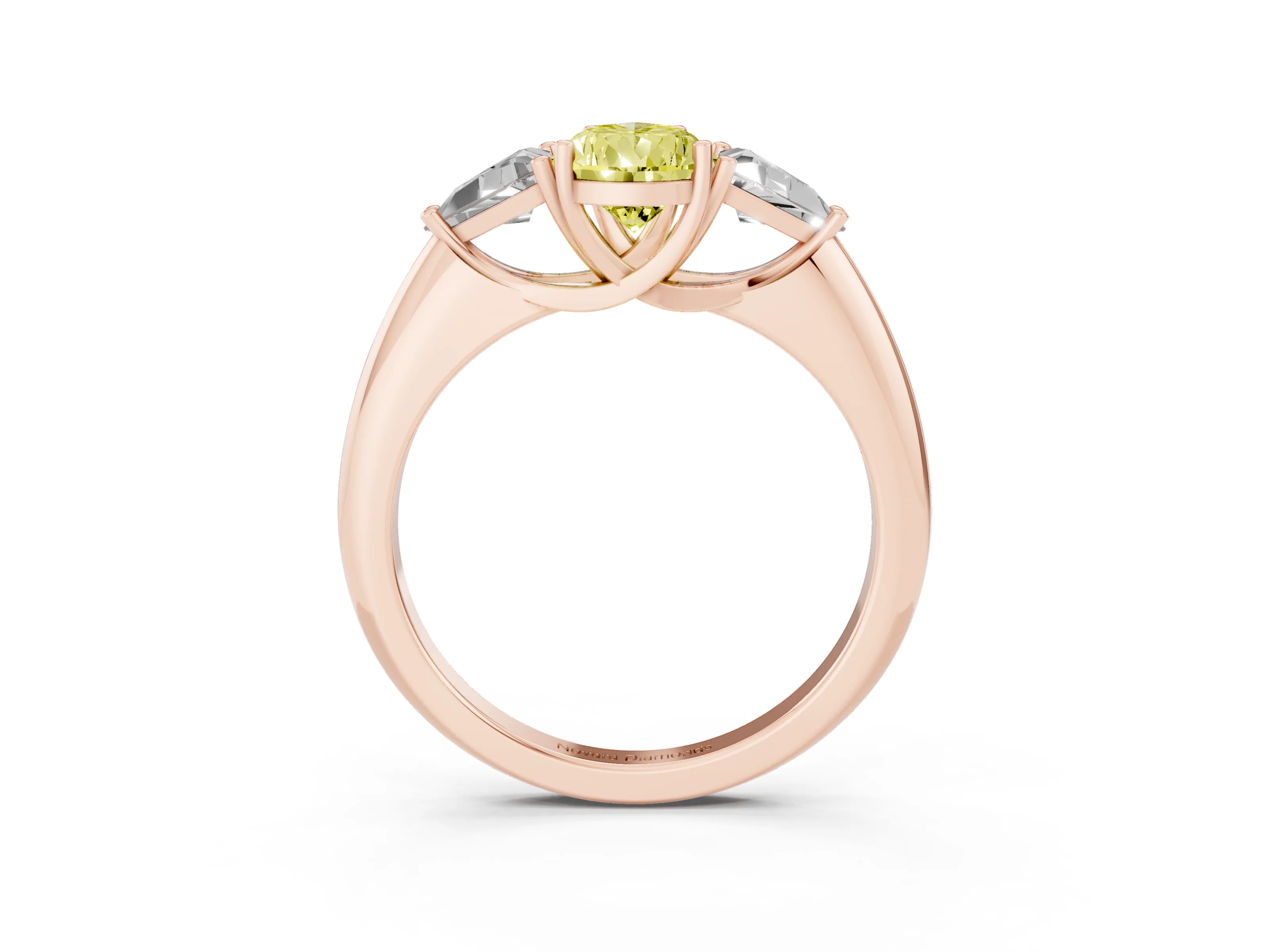 Fancy Yellow Pear Cut Diamond Three-Stone Engagement Ring Set in Rose gold with Trillion Side Stones