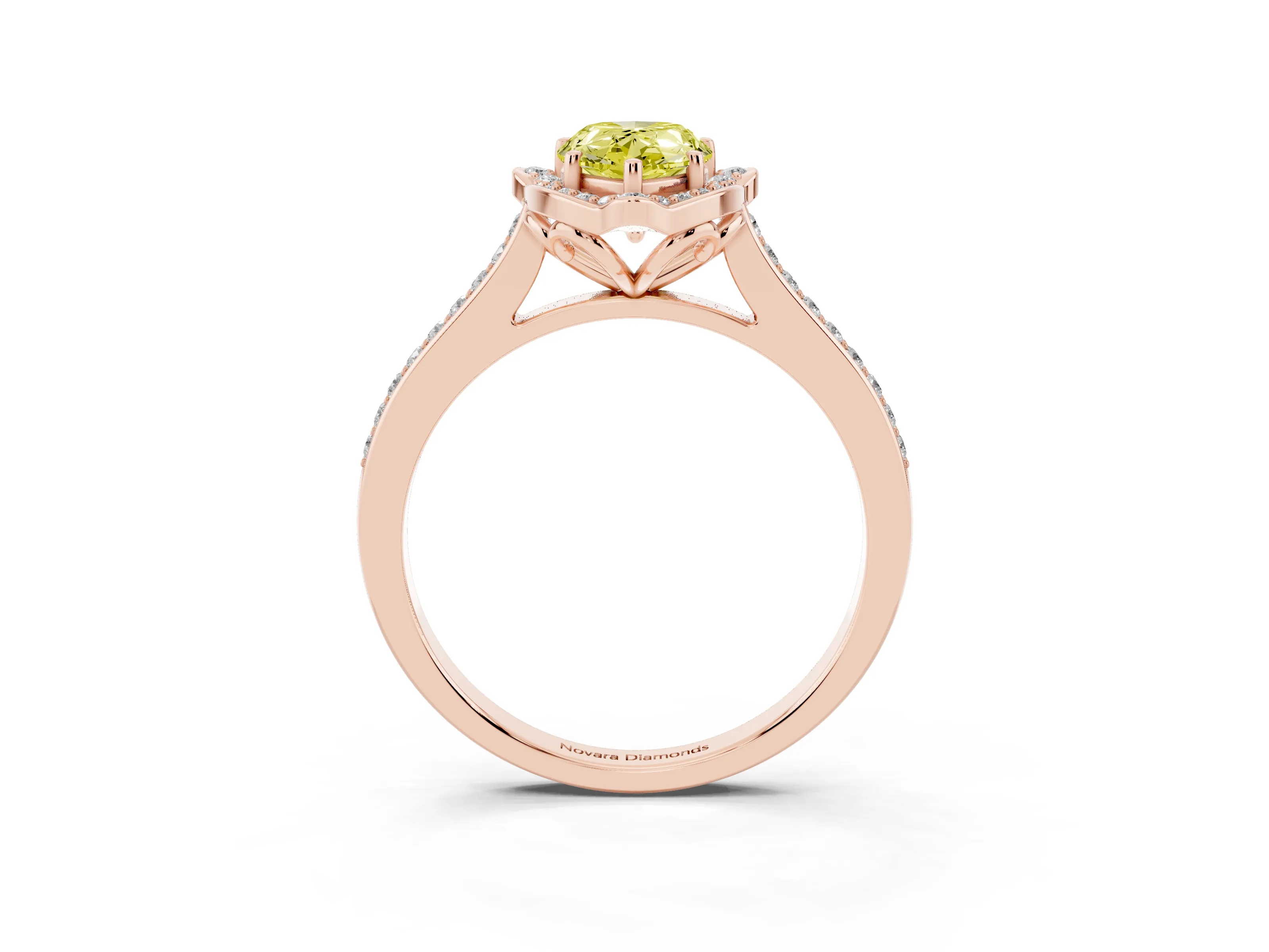 Fancy Yellow Pear Cut Diamond Halo Ring Set in Rose gold with Pavé-Lined Shoulders and Prong Setting