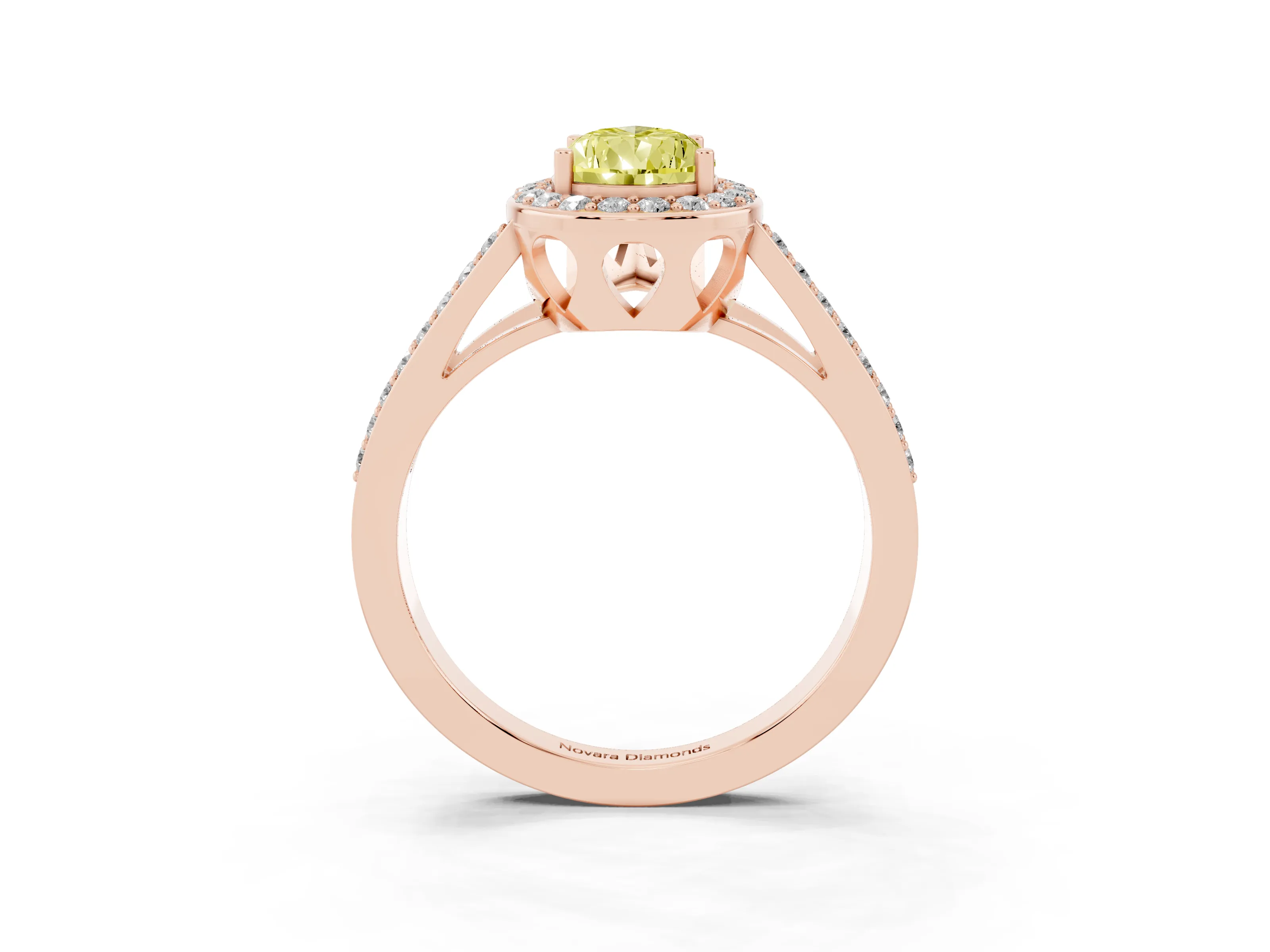 Fancy Yellow Pear Cut Diamond Halo Ring Set in Rose gold with U-Prong Split Shank and Prong Setting