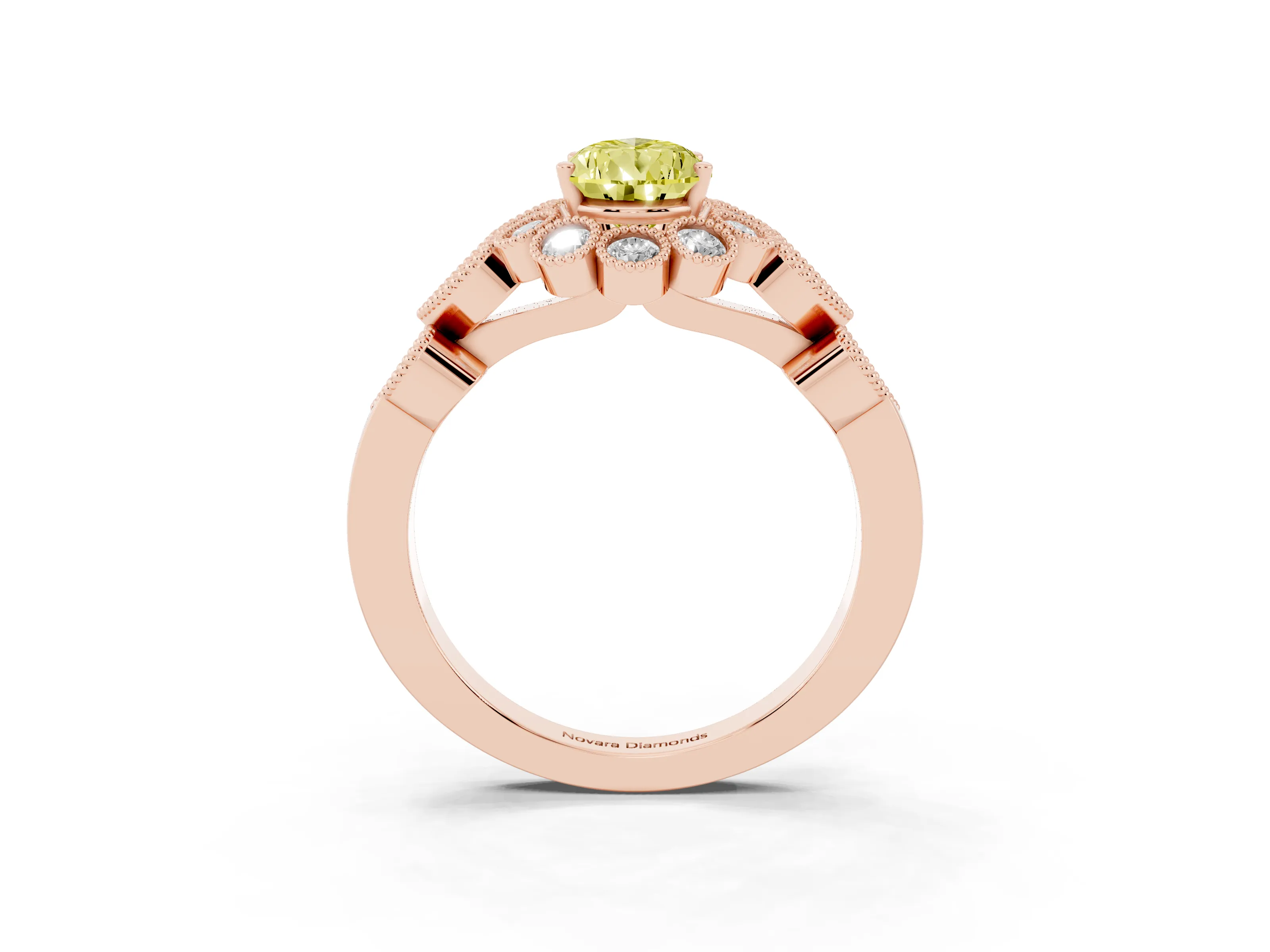 Fancy Yellow Pear Cut Diamond Solitaire Ring Set in Rose gold with Milgrain Pavé Heart Band
