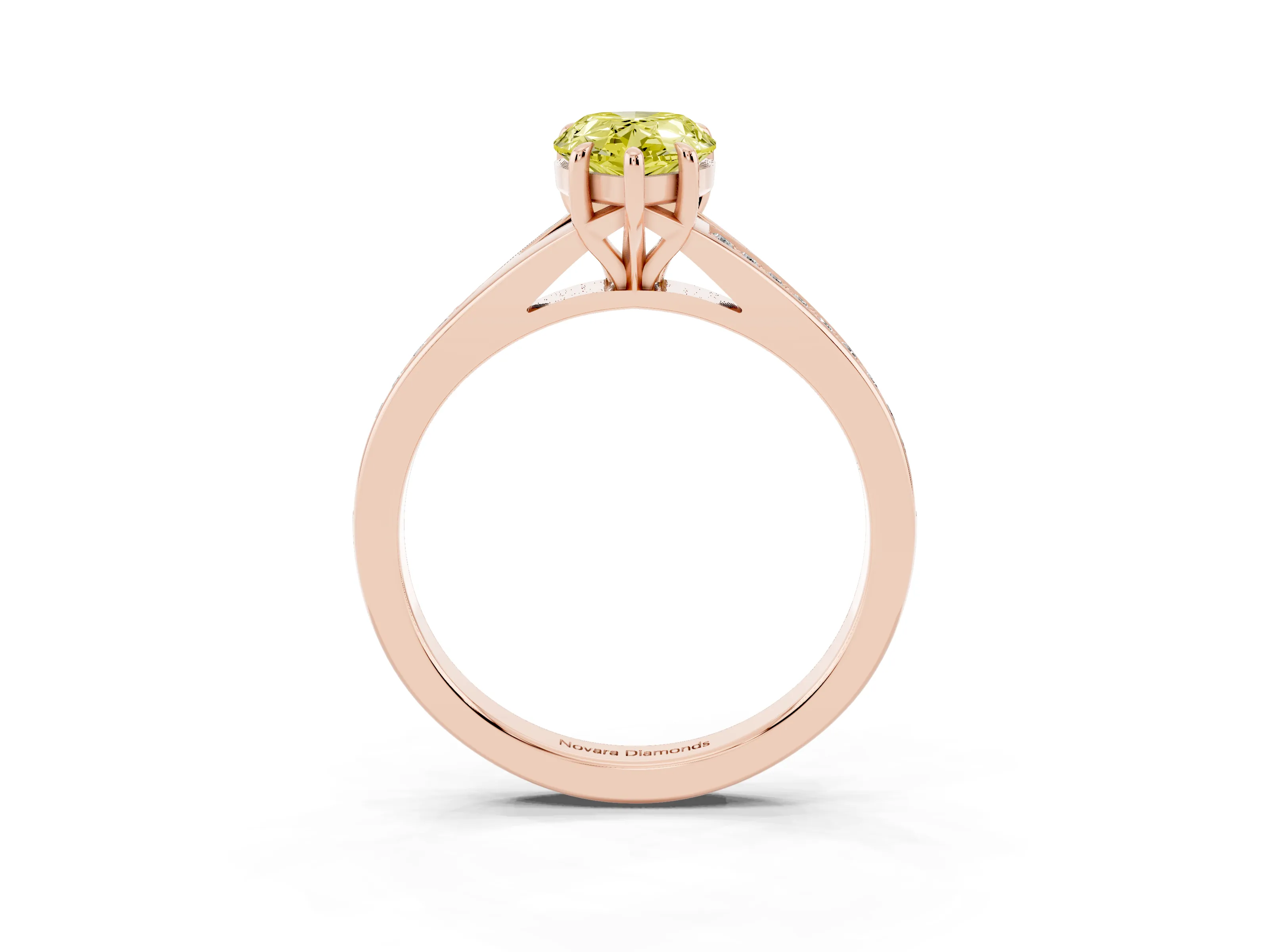 Fancy Yellow Pear Cut Diamond Solitaire Ring Set in Rose gold with Pavé Accent Band and Classic Prong Setting
