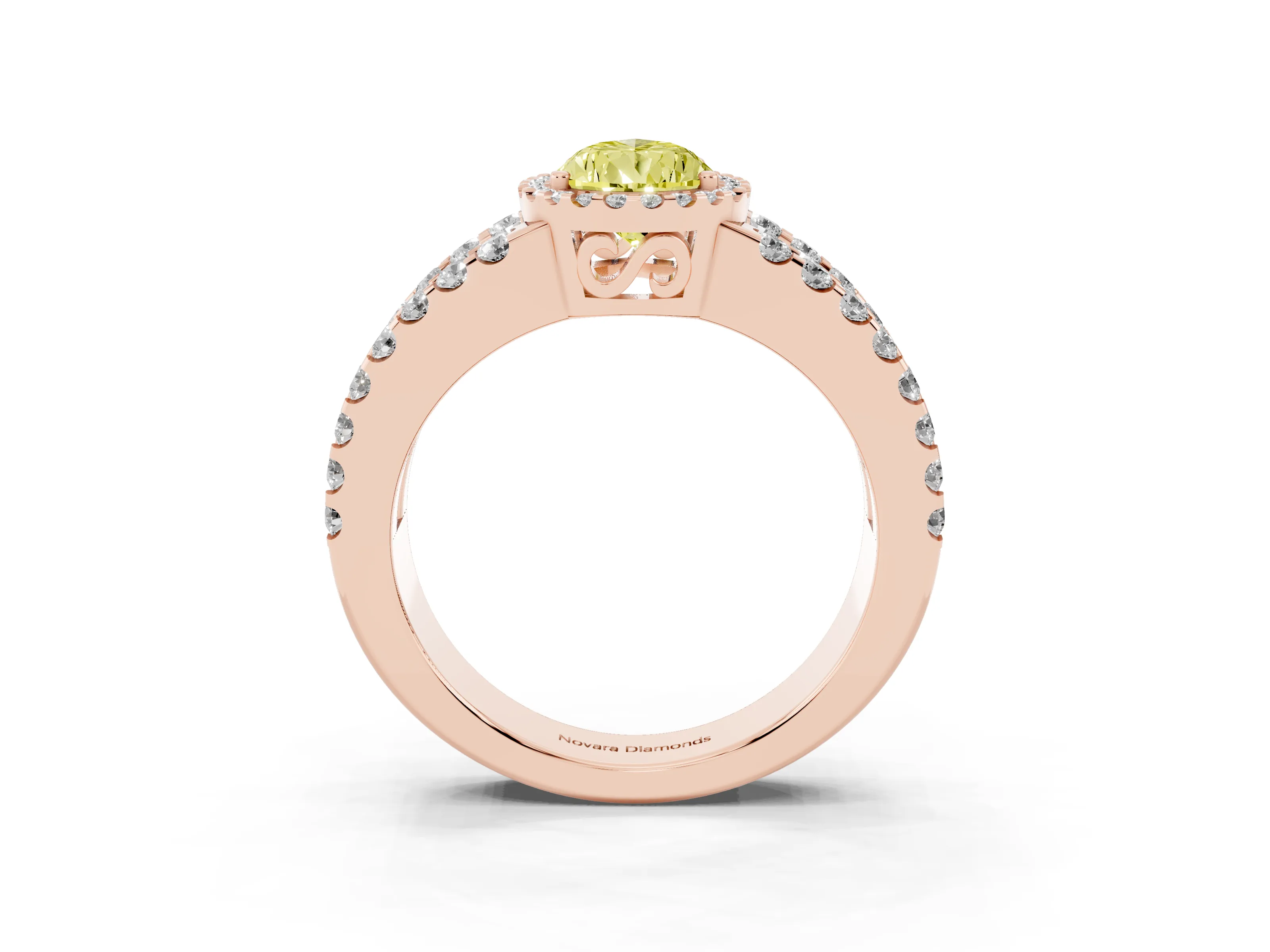 Fancy Yellow Pear Cut Diamond Halo Ring Set in Rose gold with Pavé Split Shank and Prong Setting