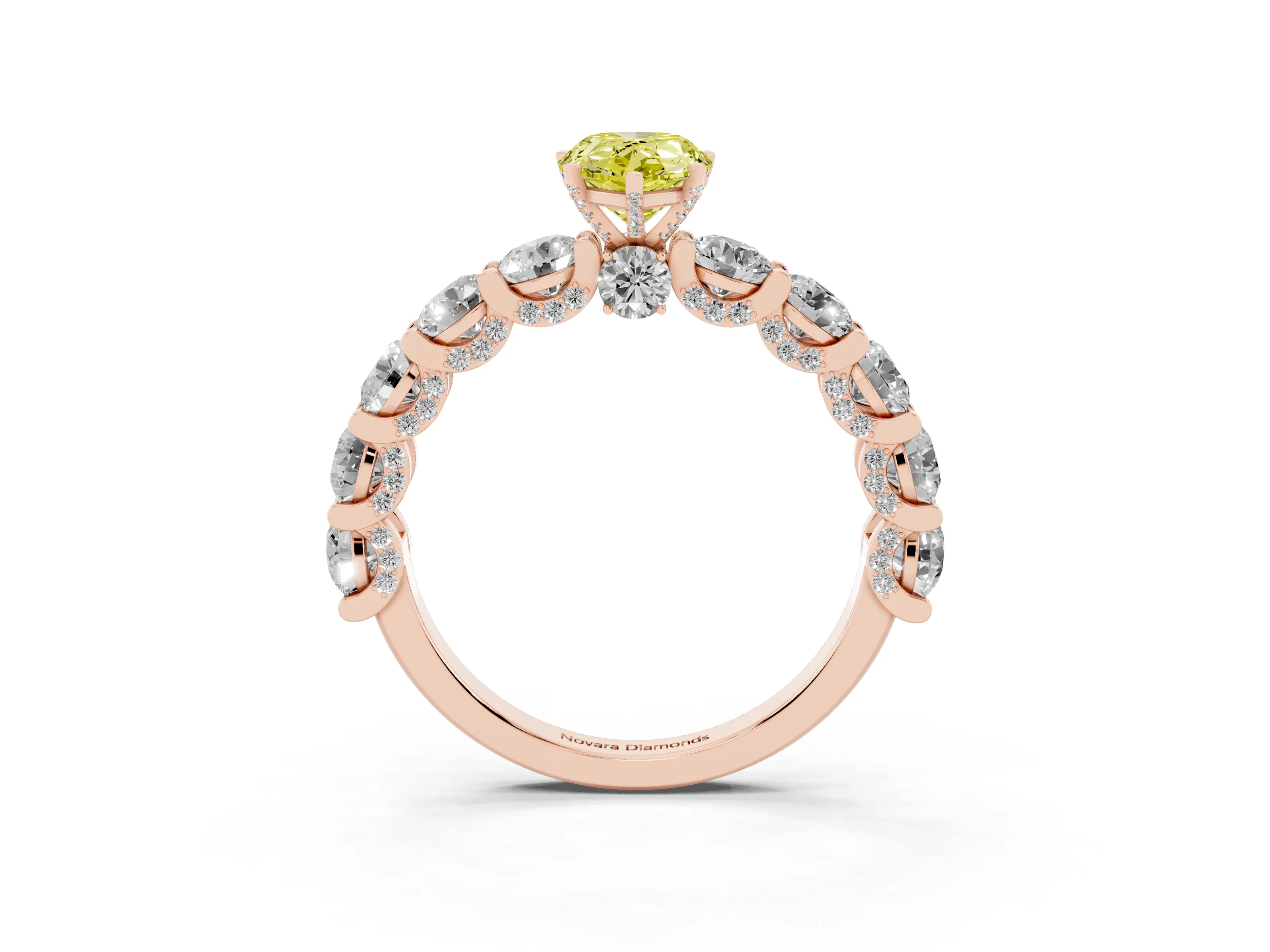 Fancy Yellow Pear Cut Diamond Side Stone Ring Set in Rose gold with Alternating Round and Oval Side Stones