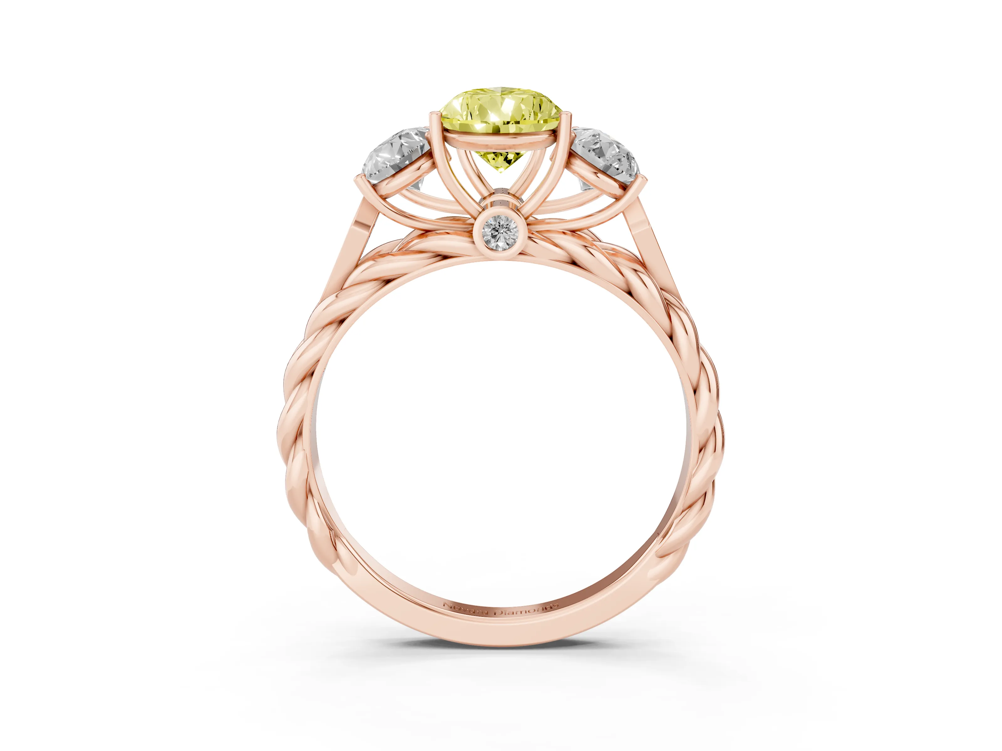Fancy Yellow Pear Cut Diamond Three-Stone Ring Set in Rose gold with Braided Band