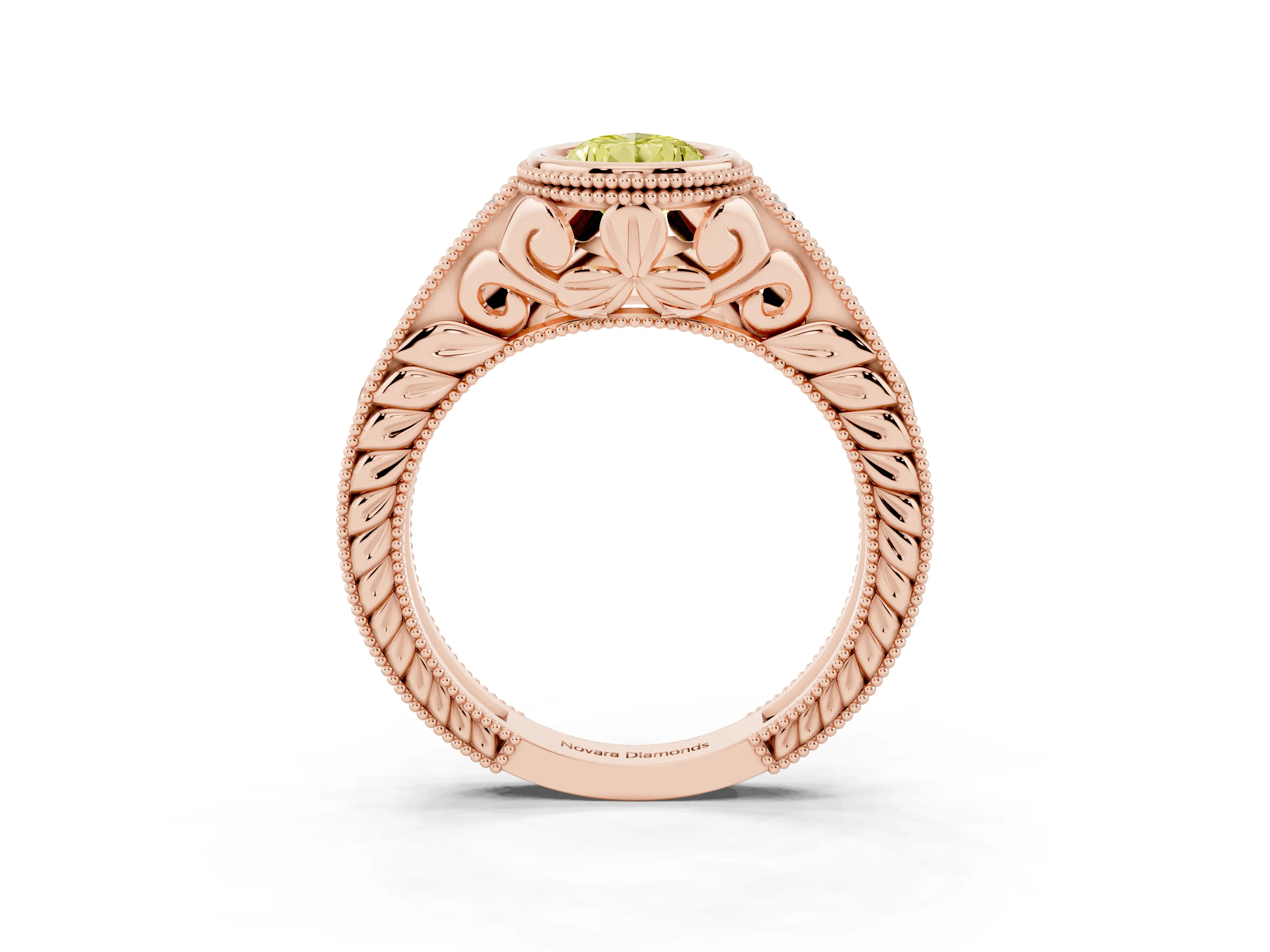 Fancy Yellow Bezel Set Pear Cut Diamond Milgrain Pavé Engagement Ring Set in Rose gold
