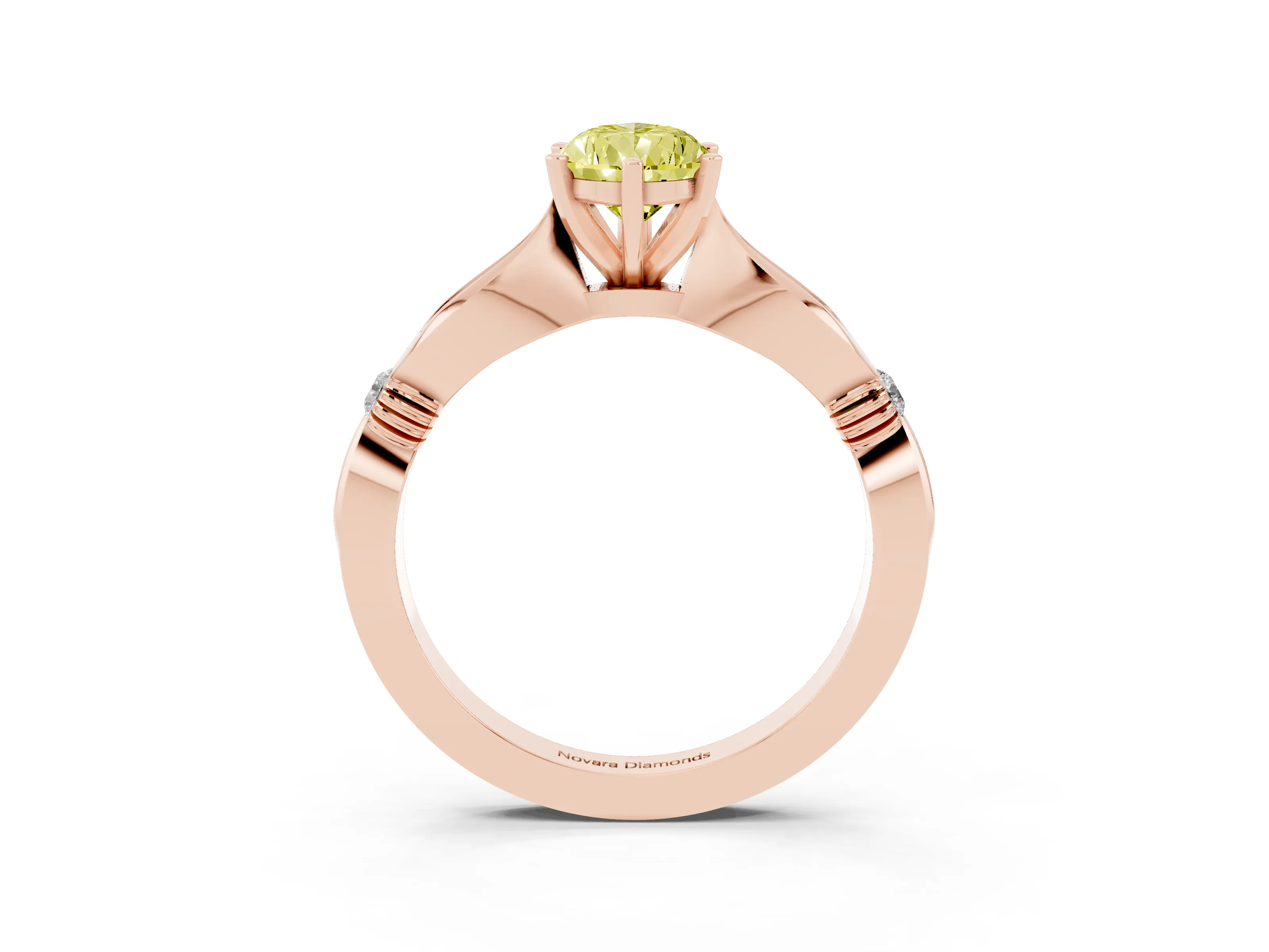 Fancy Yellow Pear Cut Diamond Solitaire Twisted Band Ring Set in Rose gold with Accent Stones and Prong Setting