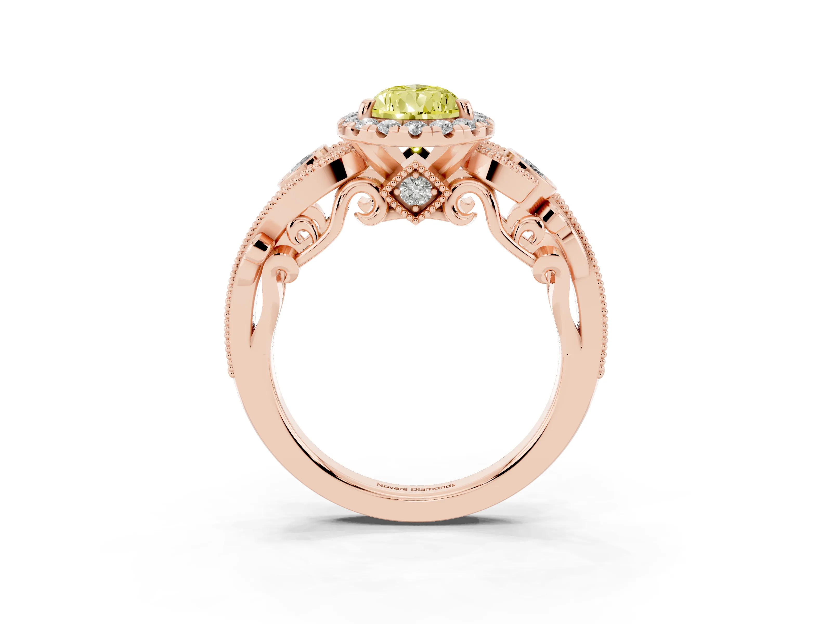 Fancy Yellow Pear Cut Diamond Halo Ring Set in Rose gold with Milgrain Pavé Band and Prong Setting