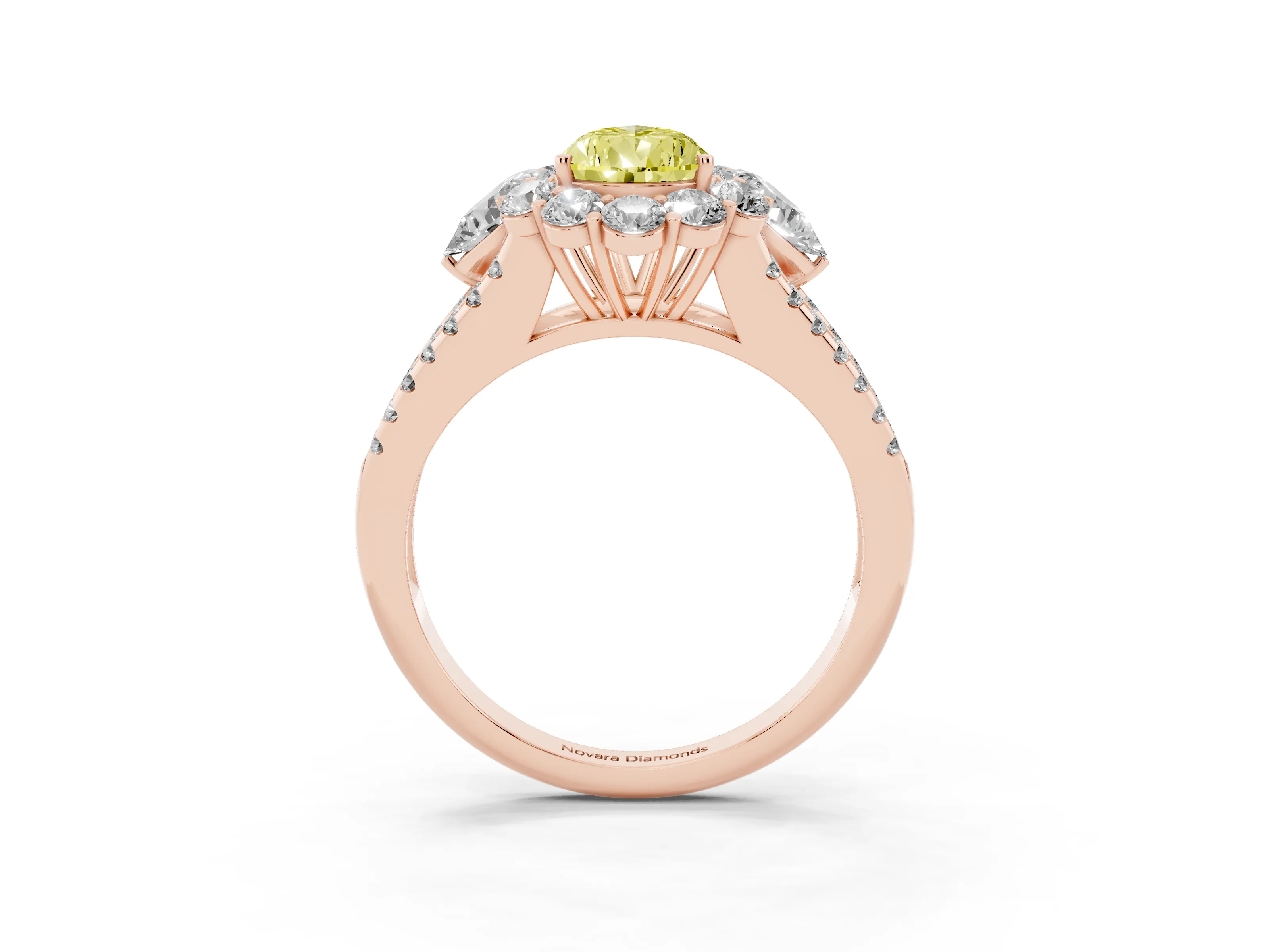Fancy Yellow Pear Cut Diamond Halo Split Shank Engagement Ring Set in Rose gold with Prong-Held Center Stone