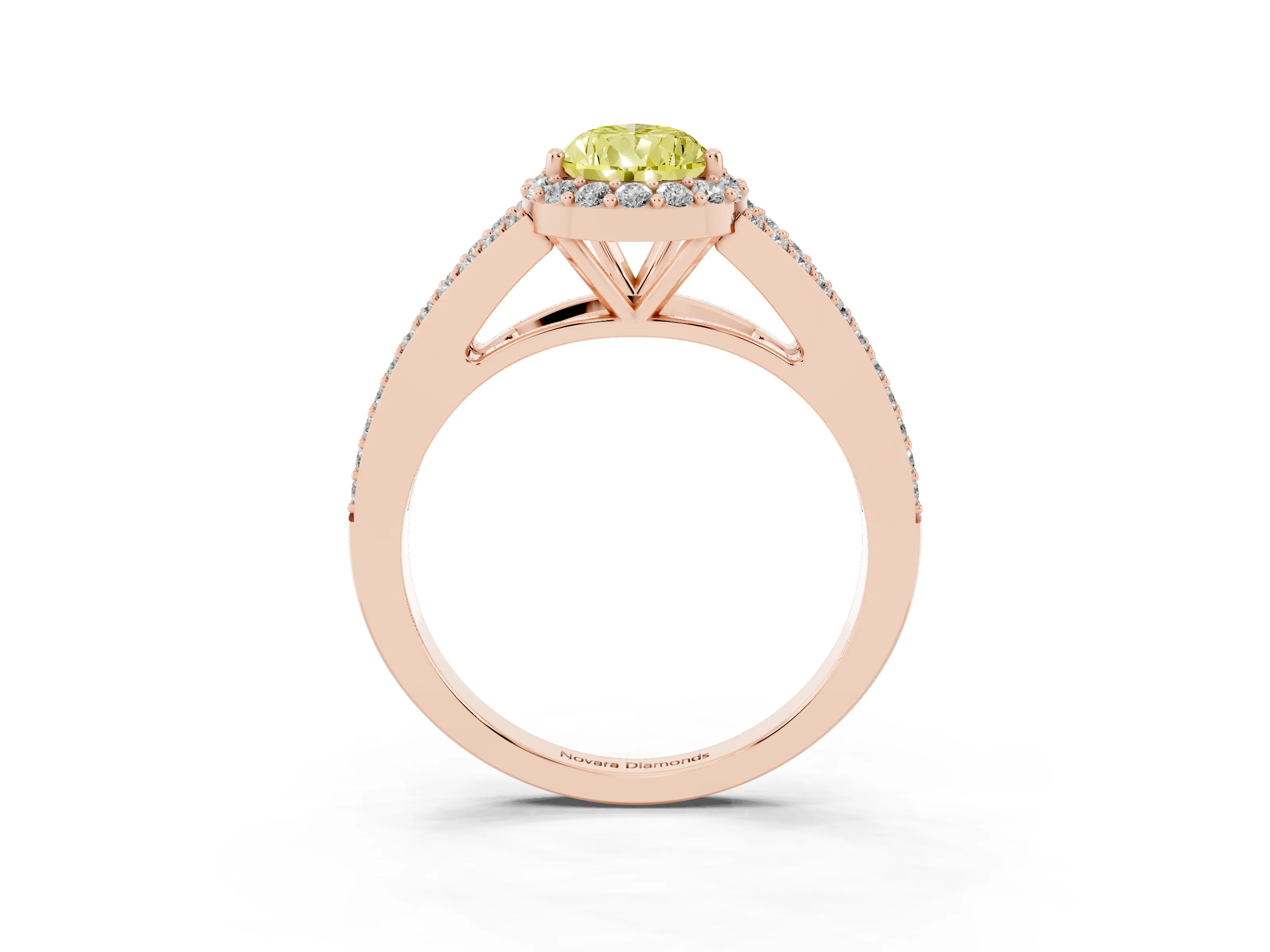 Fancy Yellow Pear Cut Diamond Halo Split Shank Pavé Ring Set in Rose gold with Prong Setting