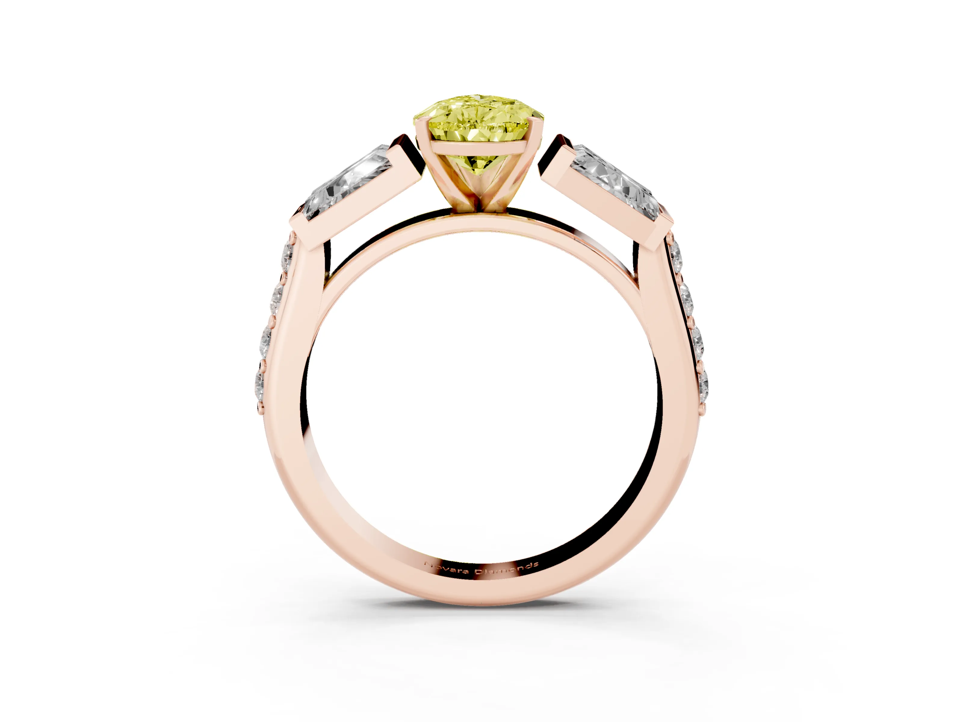 Fancy Yellow Pear Cut Diamond Engagement Ring Set in Rose gold with Baguette Side Stones and Channel Set Band