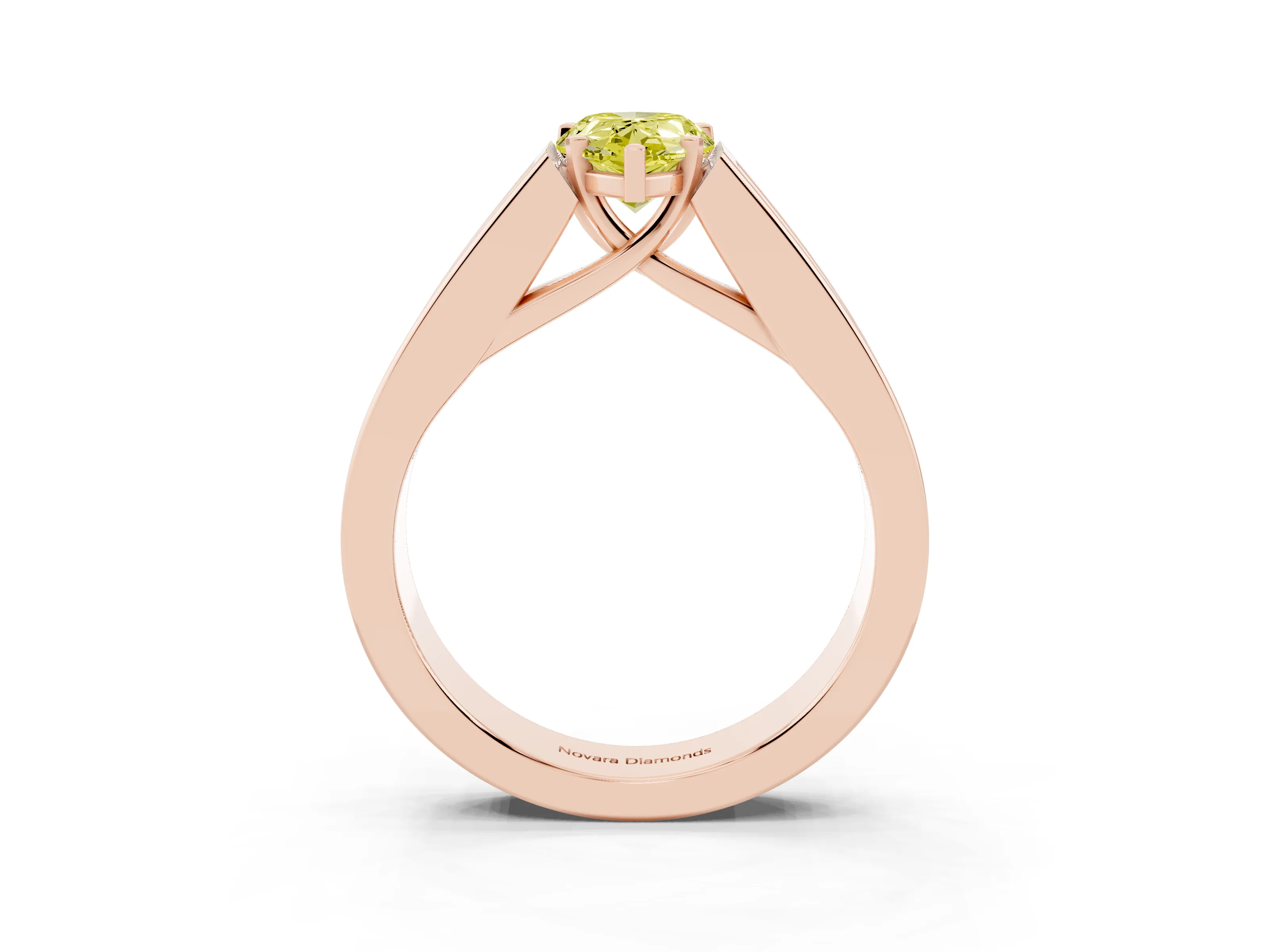 Fancy Yellow Pear Cut Diamond Solitaire Ring Set in Rose gold with Channel-Set Accent Stones and Prong Setting