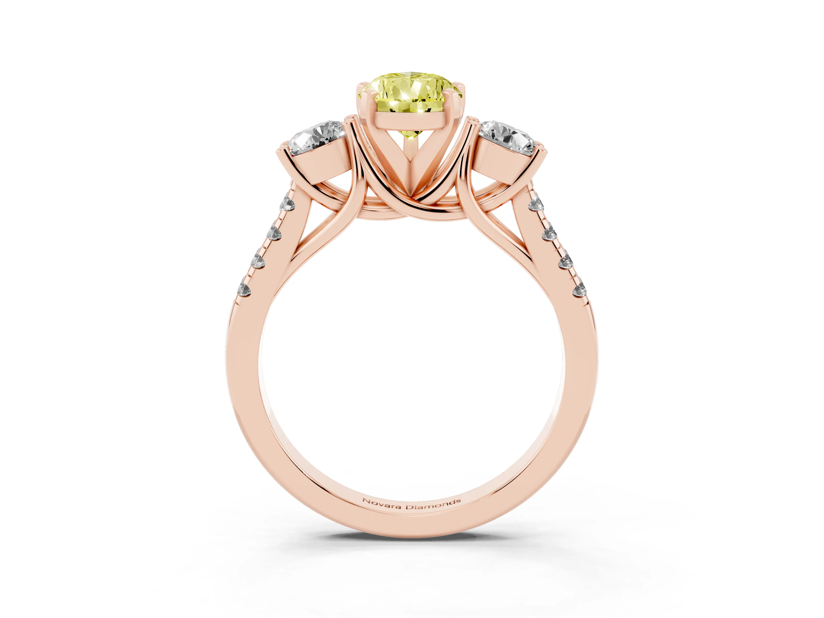 Fancy Yellow Three-Stone Pear Cut Diamond Pavé Band Ring Set in Rose gold with Prong-Set Trio