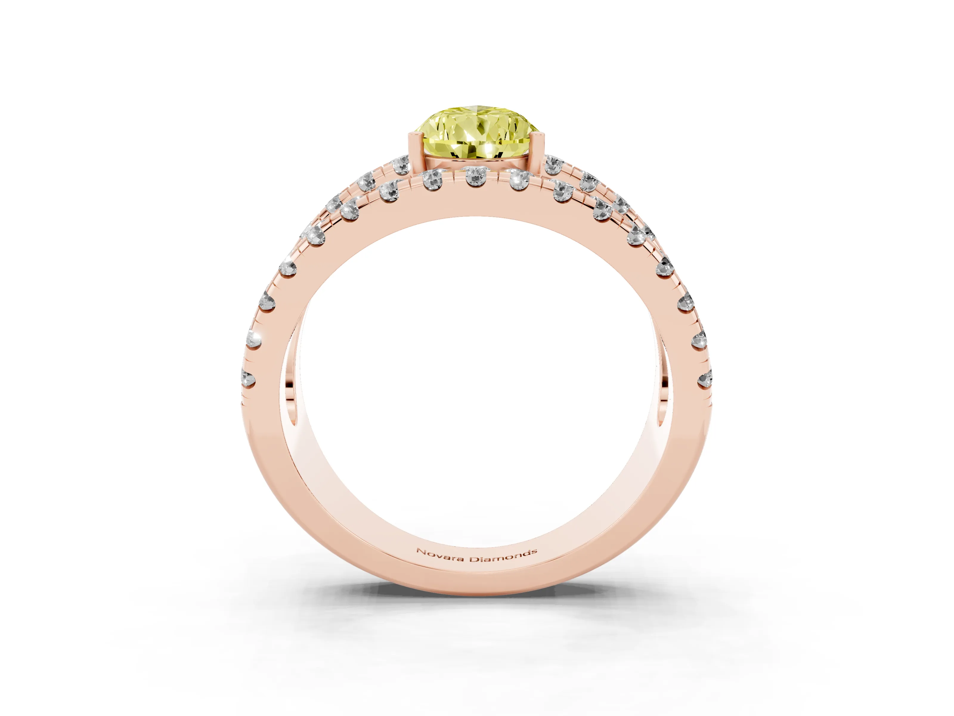 Fancy Yellow Pear Cut Diamond Split Shank Pavé Solitaire Ring Set in Rose gold with Open Shank Design