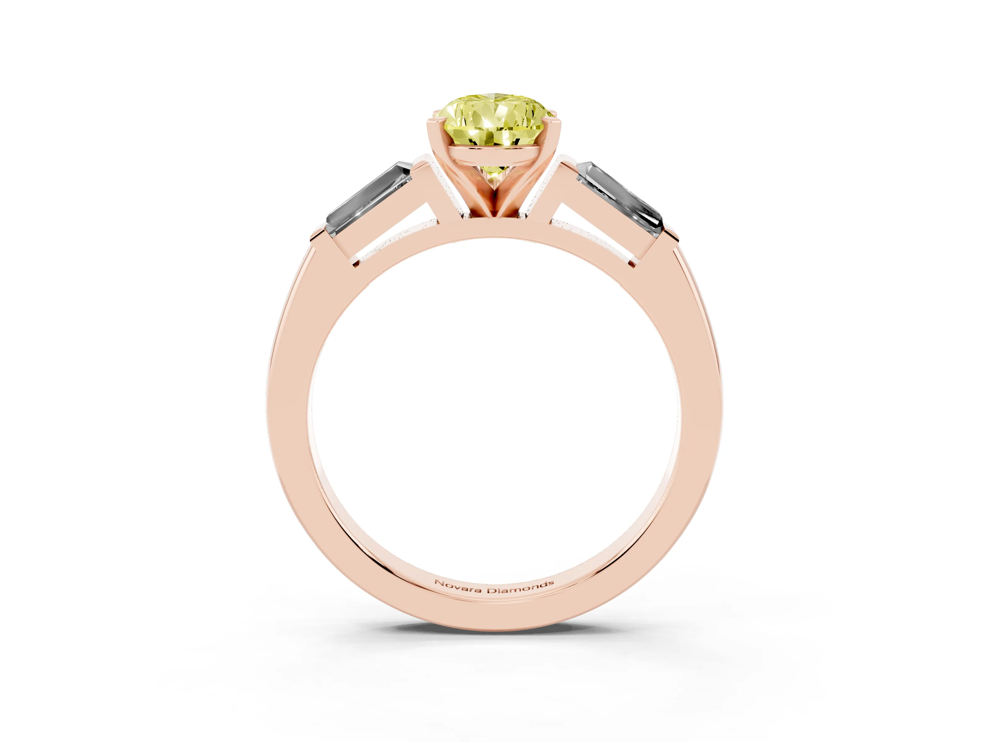 Fancy Yellow Pear Cut Diamond Solitaire Ring Set in Rose gold with Tapered Baguette Side Stones and Prong Setting