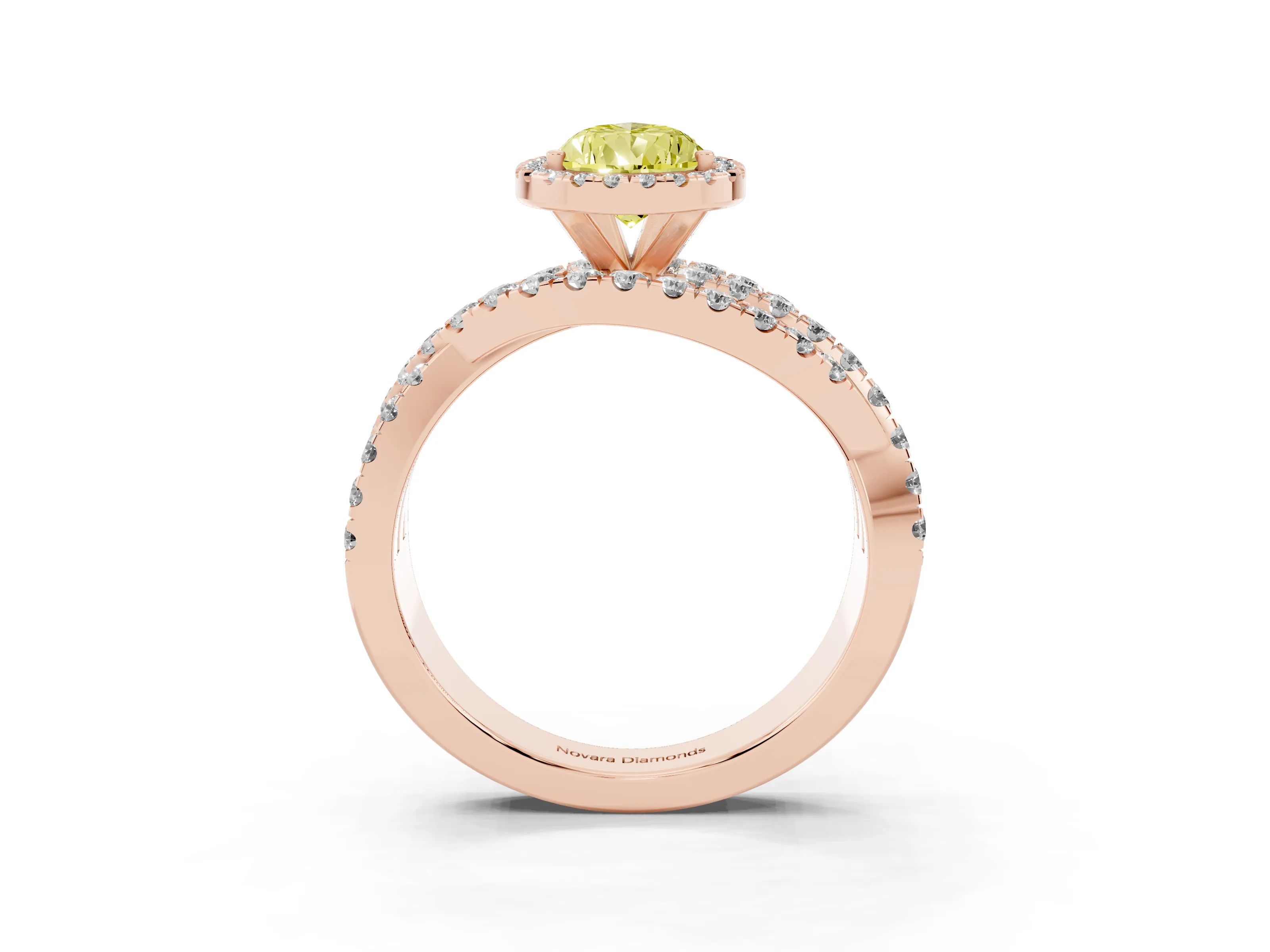 Fancy Yellow Pear Cut Diamond Halo Ring Set in Rose gold with Round Crossover Split Shank and Prong Setting