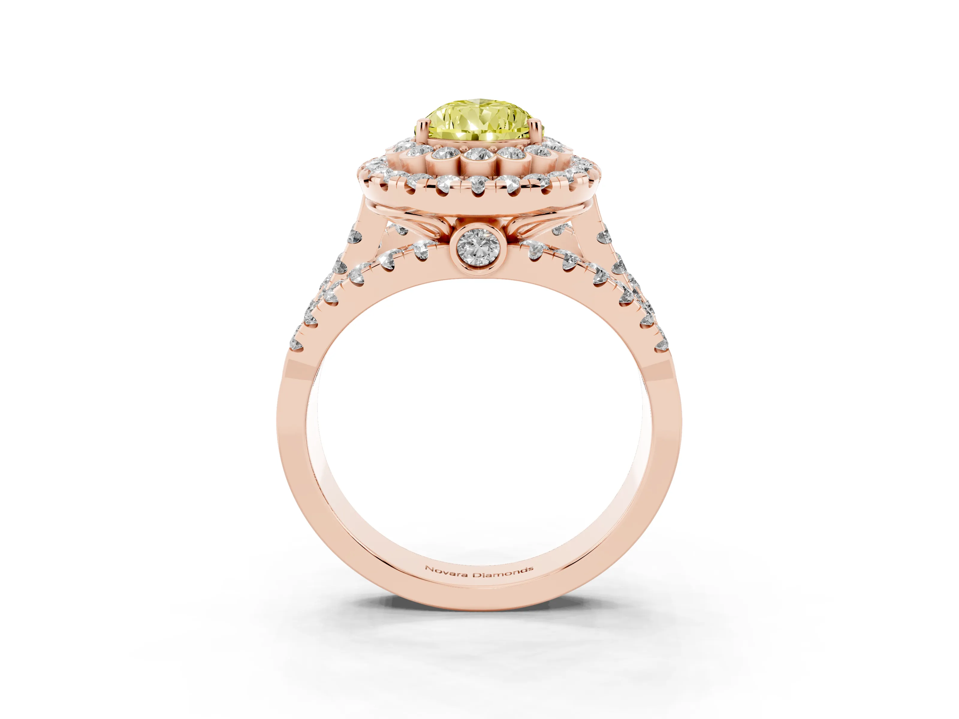 Fancy Yellow Pear Cut Diamond Double Halo Ring Set in Rose gold with Round Pavé Split Shank