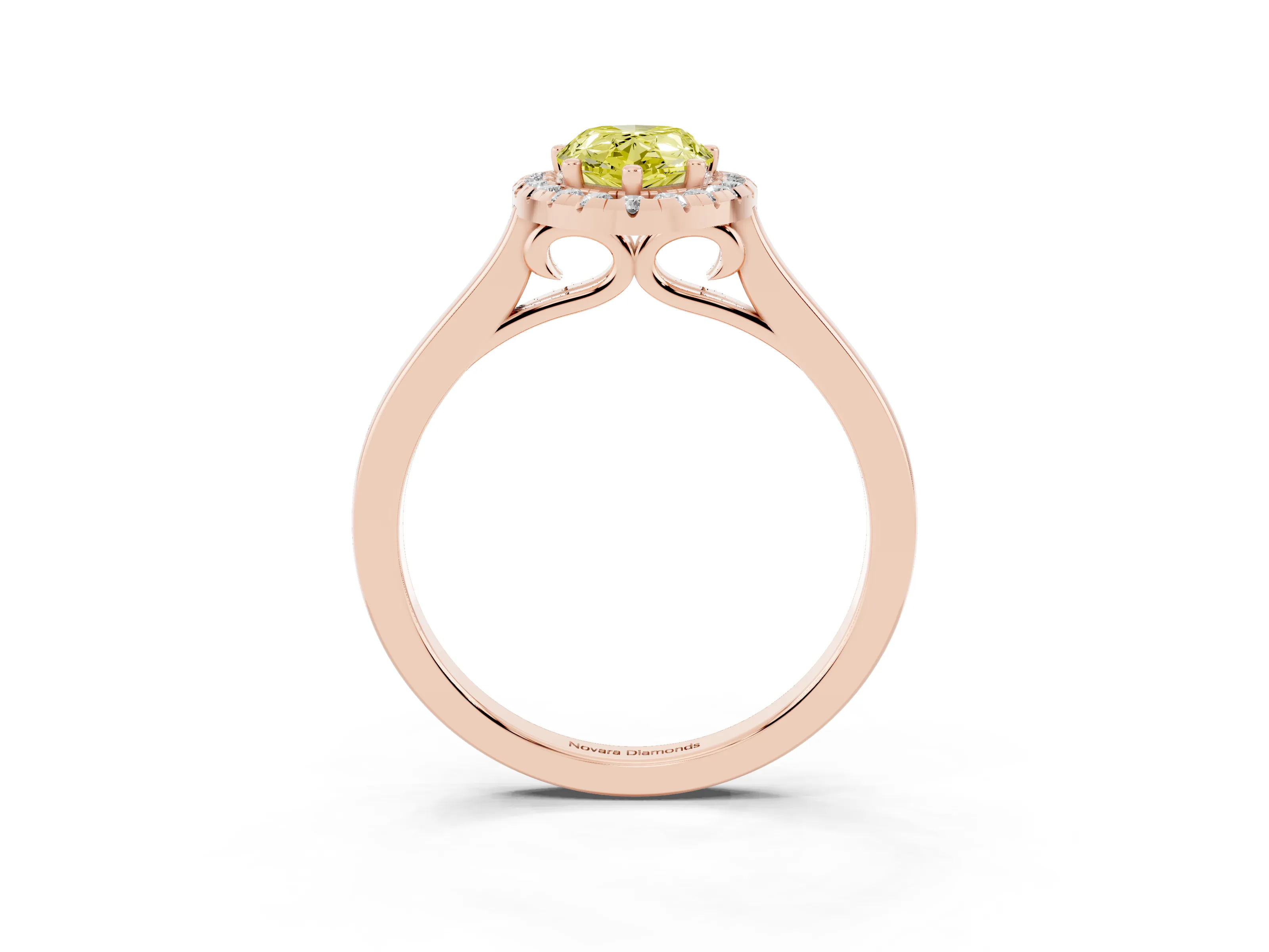 Fancy Yellow Pear Cut Halo Round Diamond Solitaire Ring Set in Rose gold with Pavé Band and Prong Setting