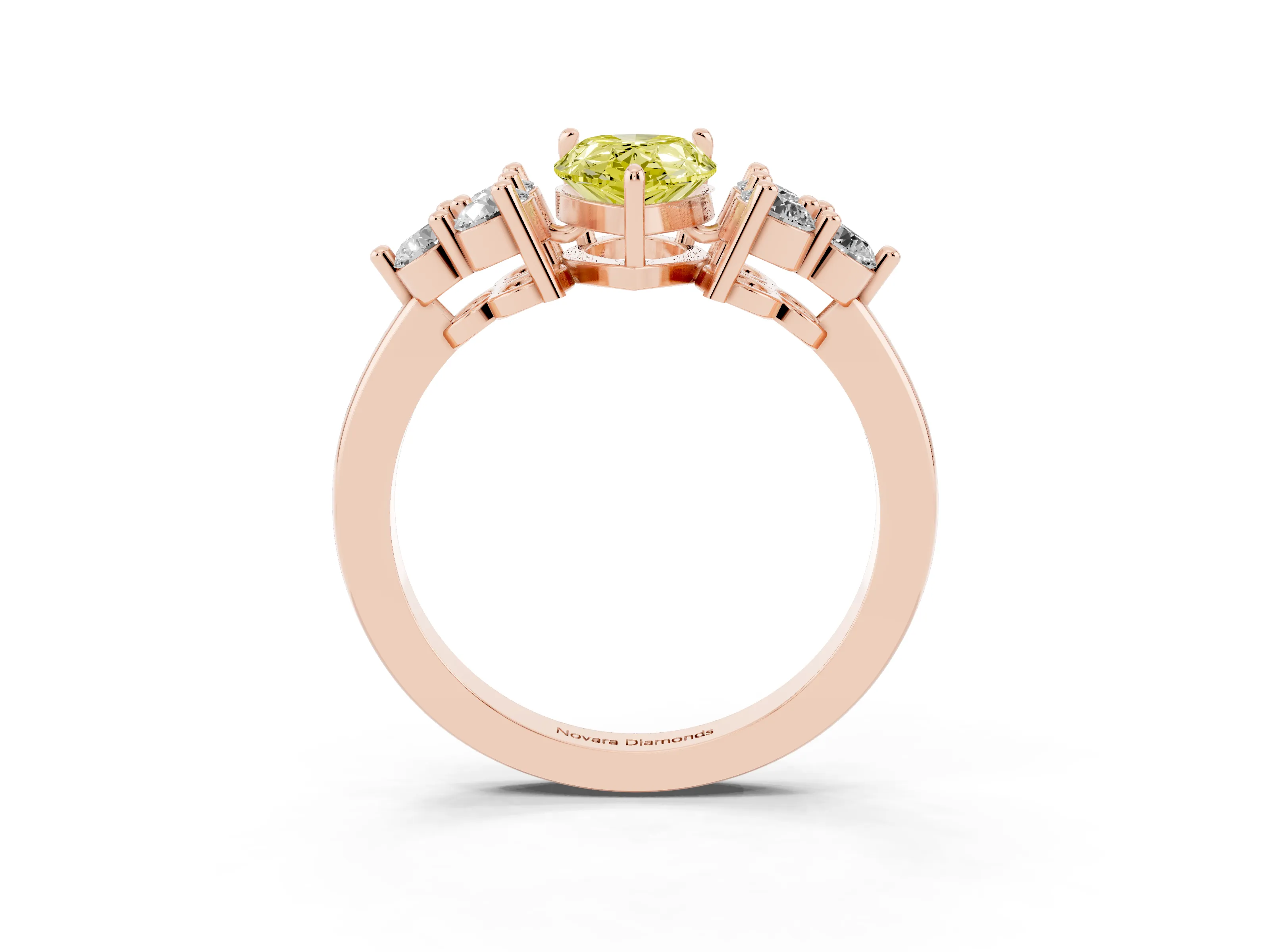 Fancy Yellow Pear Cut Diamond Solitaire Ring Set in Rose gold with Cluster Accents on Each Side