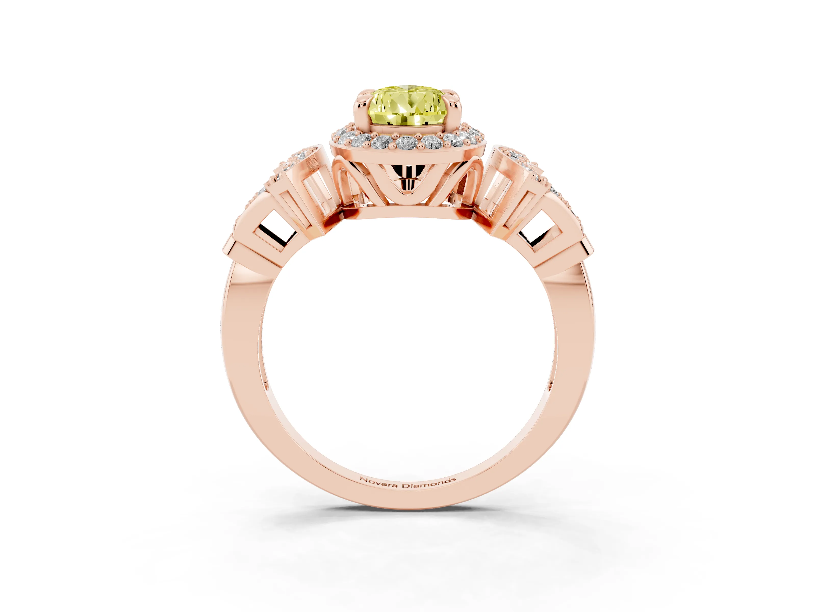Fancy Yellow Pear Cut Diamond Halo Engagement Ring Set in Rose gold with Accent Stone Split Shank