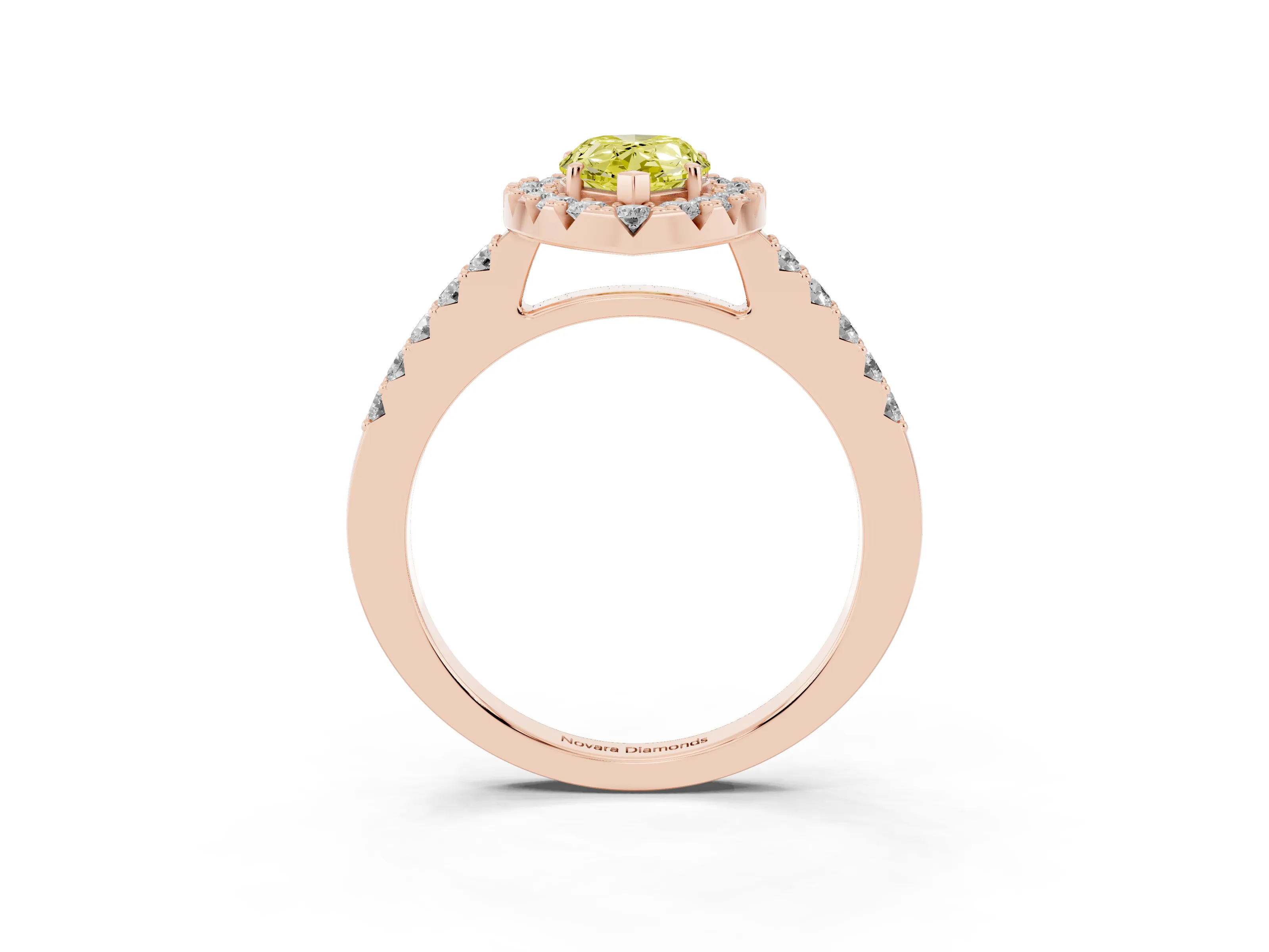 Fancy Yellow Pear Cut Diamond Halo Pavé Solitaire Ring Set in Rose gold with Prong-Set Center Stone