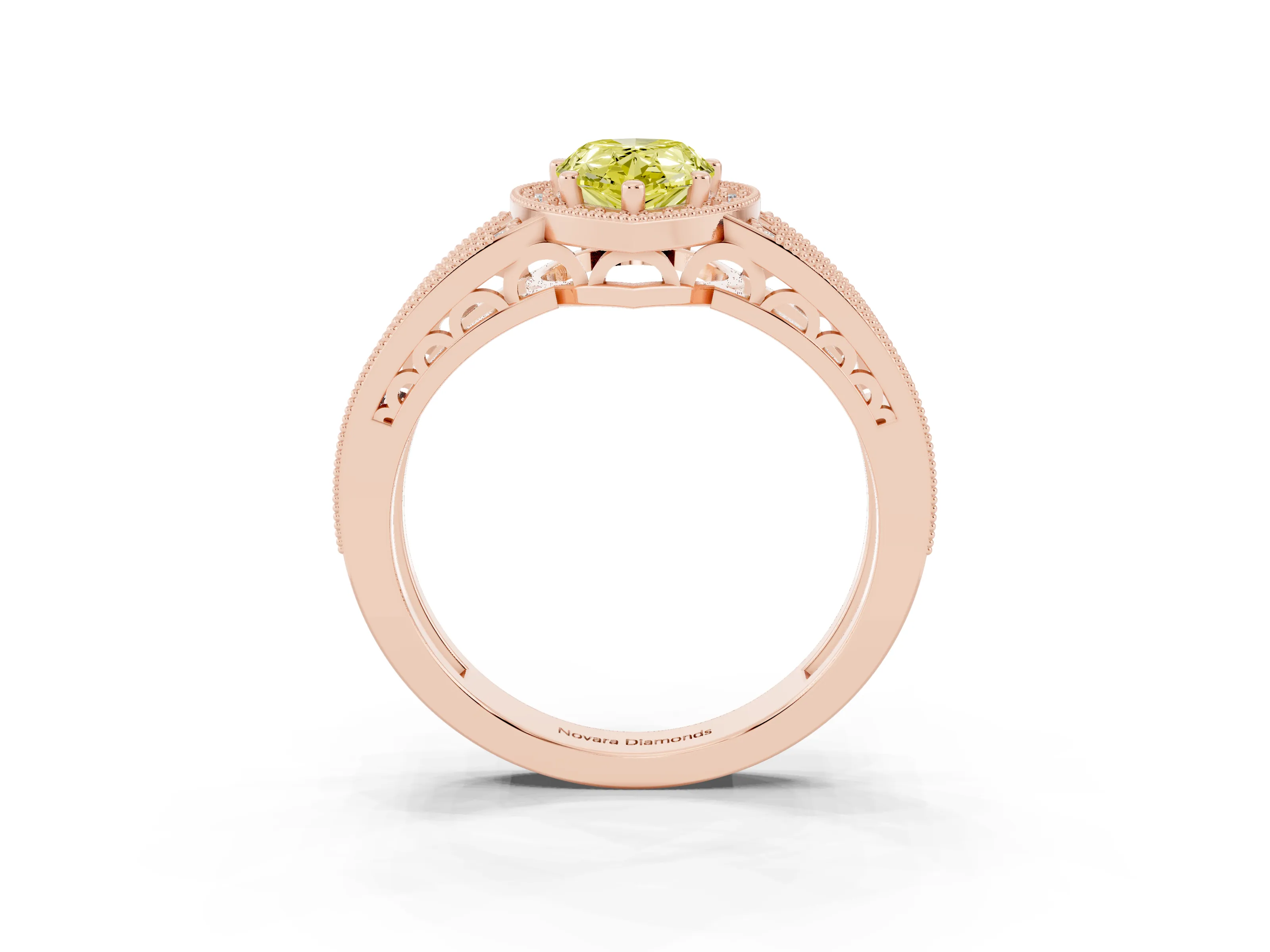 Fancy Yellow Pear Cut Diamond Halo Ring Set in Rose gold with Accent Split Shank and Prong Setting