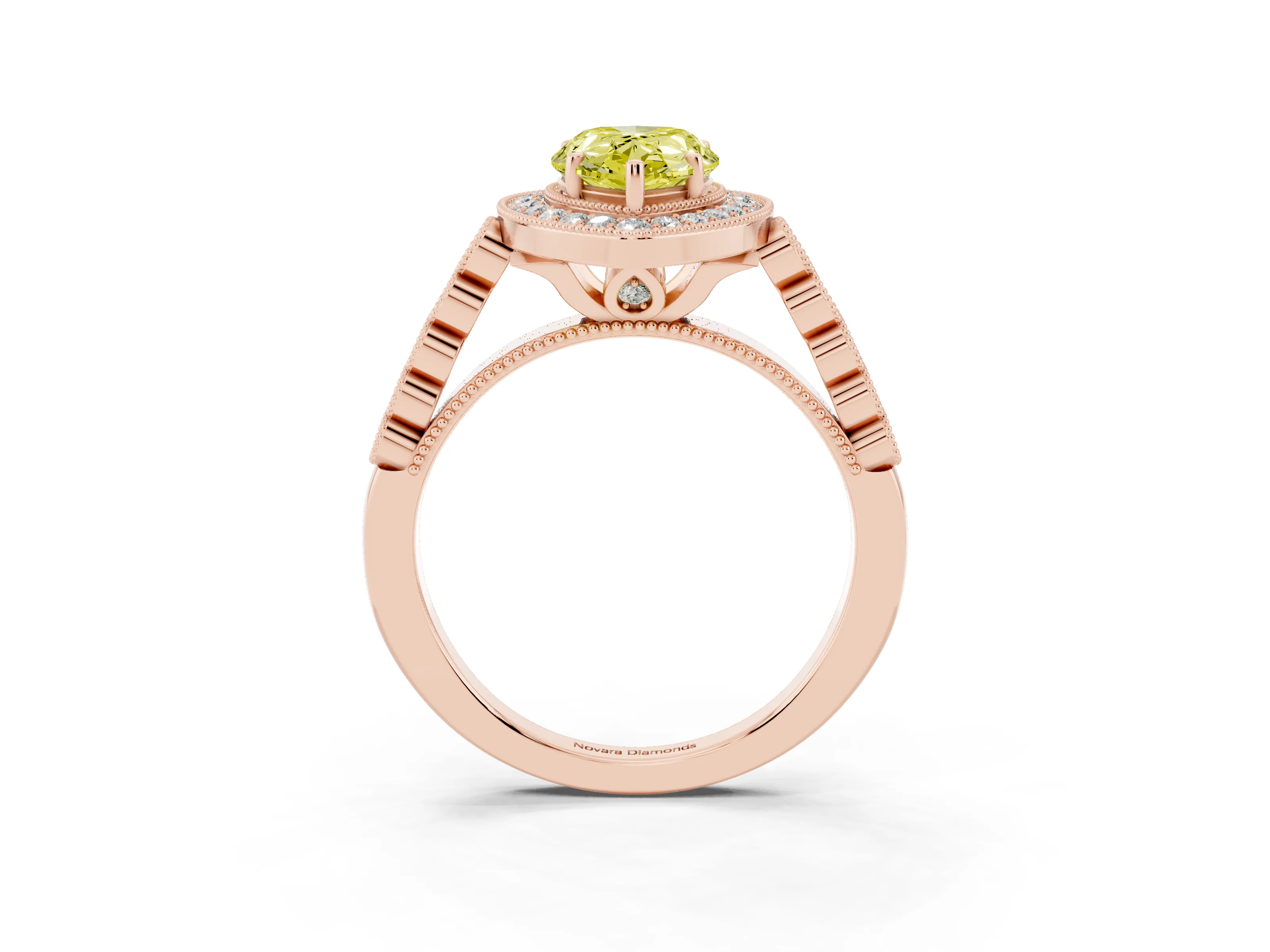 Fancy Yellow Pear Cut Diamond Milgrain Halo Solitaire Ring Set in Rose gold with Bezel Set Side Stones and Pavé Band